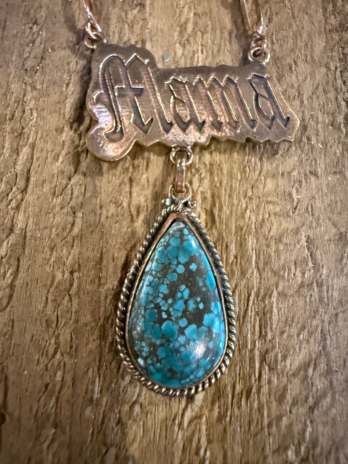 Mohave Turquoise Mama Pendant Paper Clip Chain Necklace in Genuine Copper
