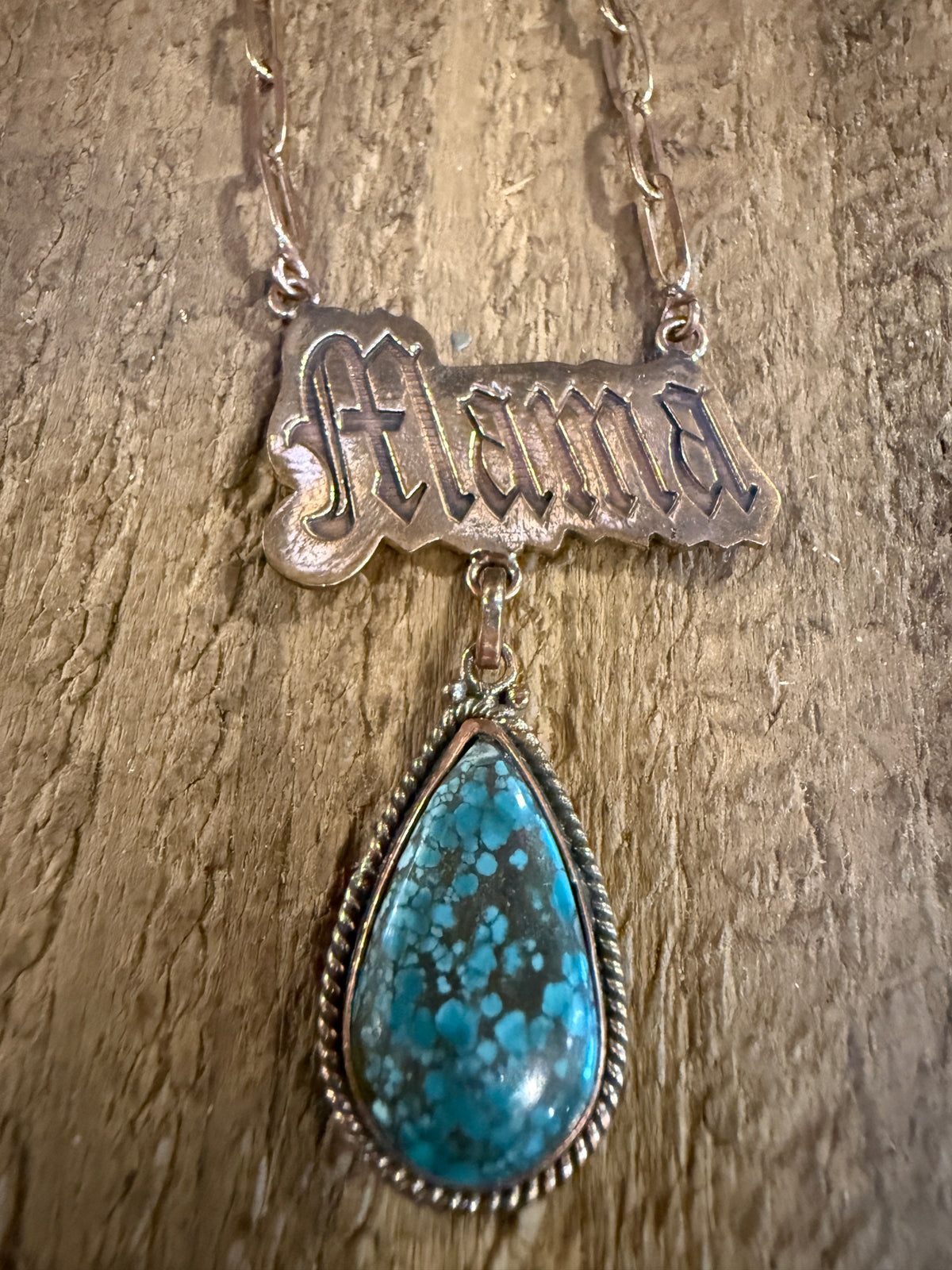 Mohave Turquoise Mama Pendant Paper Clip Chain Necklace in Genuine Copper