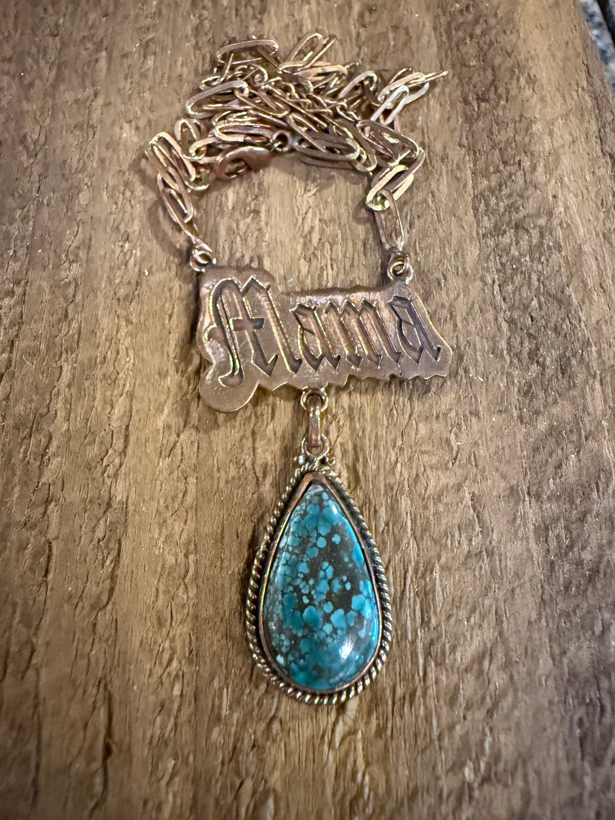Mohave Turquoise Mama Pendant Paper Clip Chain Necklace in Genuine Copper