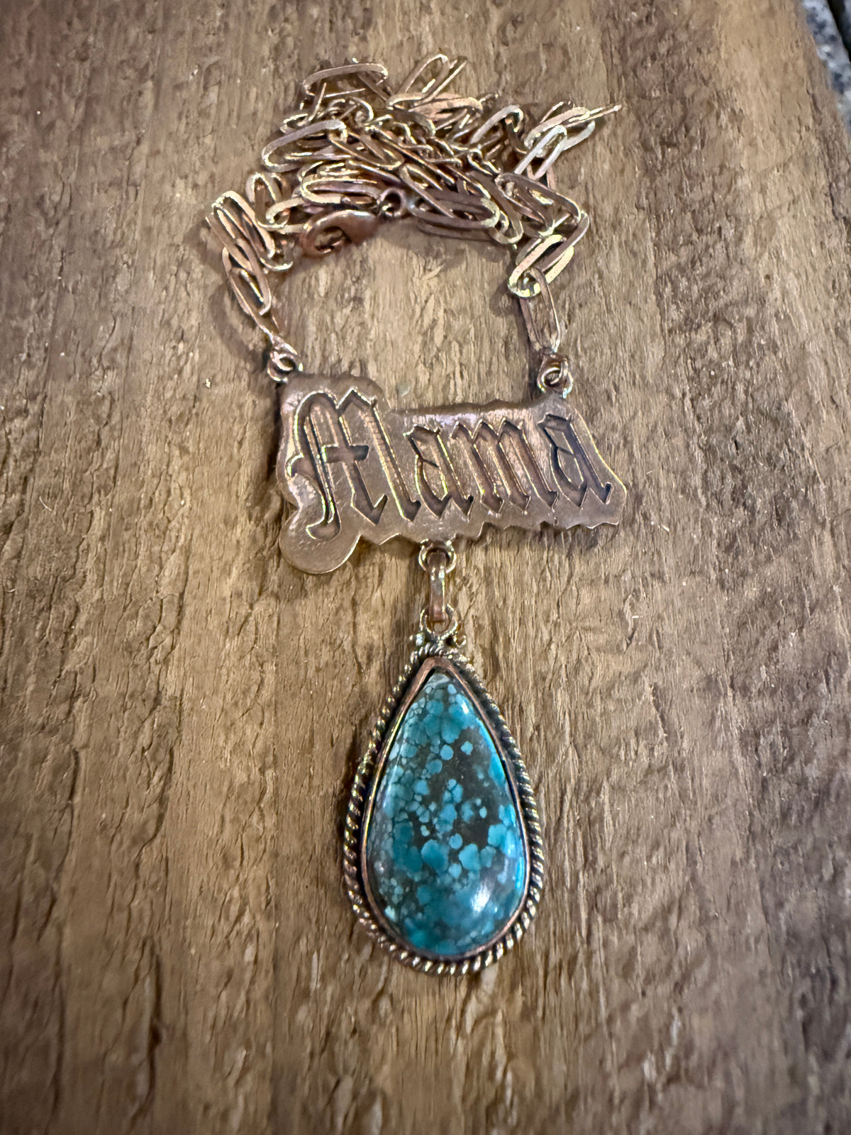 Mohave Turquoise Mama Pendant Paper Clip Chain Necklace in Genuine Copper
