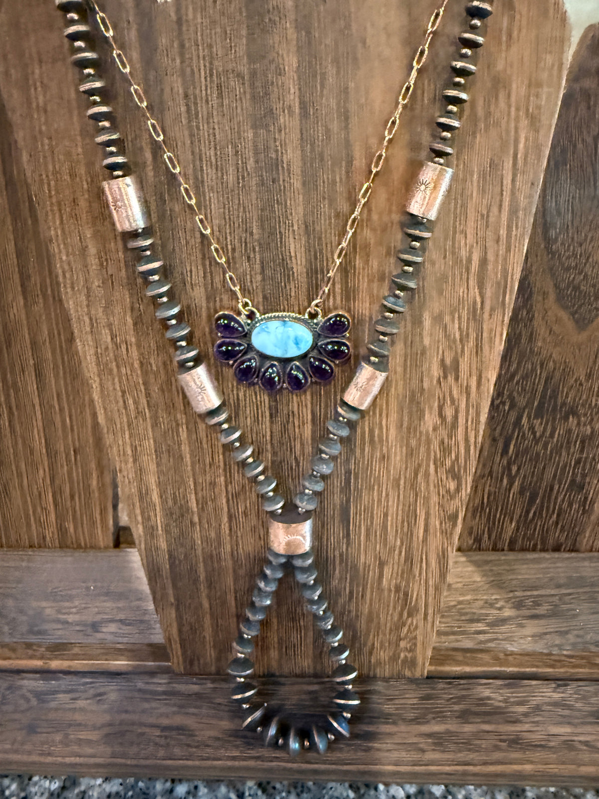 Larimar and Amethyst Necklace Layered with Totum Saucer Pearl Necklace Gift Set In Genuine Copper