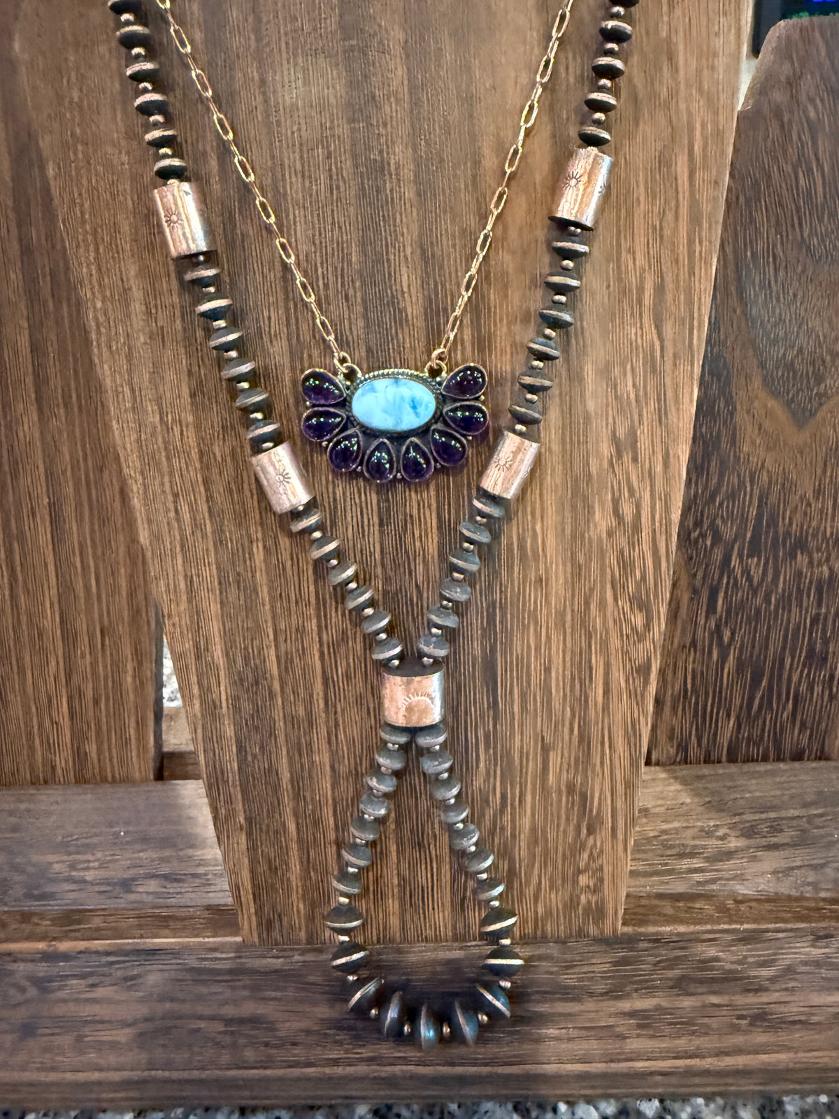 Larimar and Amethyst Necklace Layered with Totum Saucer Pearl Necklace Gift Set In Genuine Copper