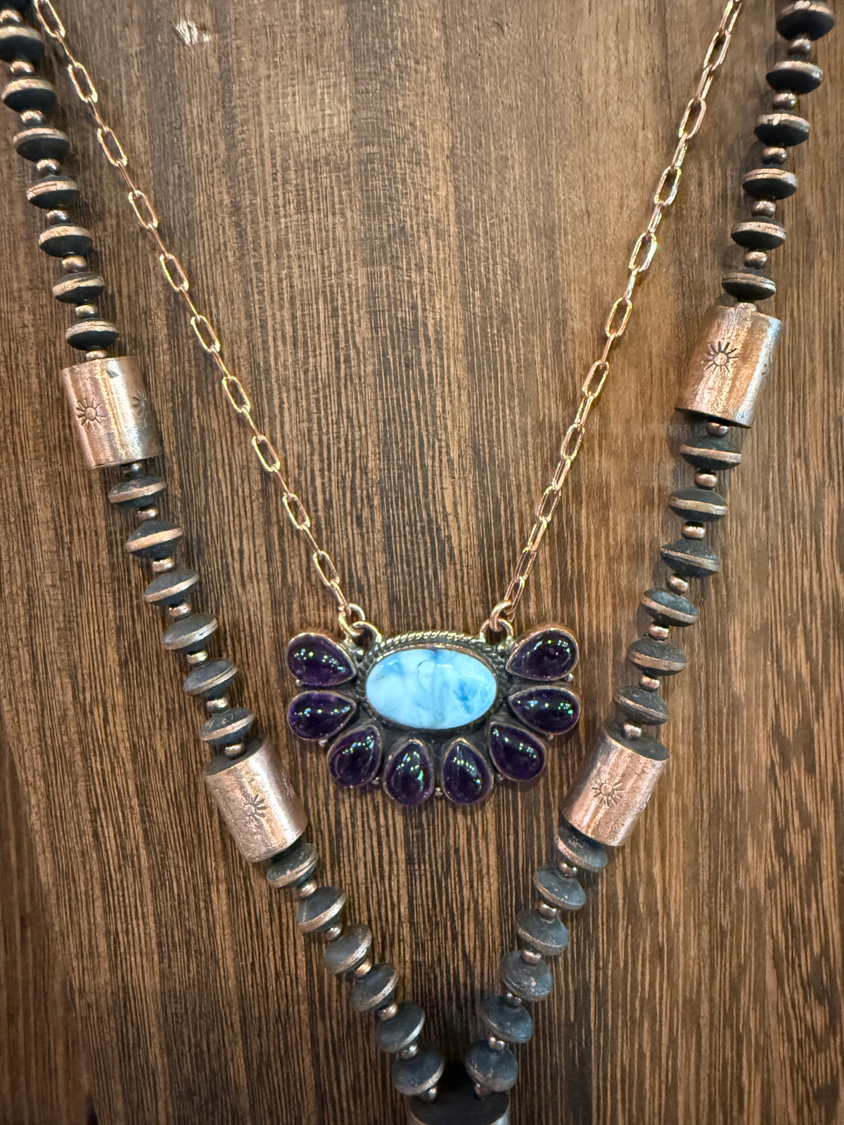 Larimar and Amethyst Necklace Layered with Totum Saucer Pearl Necklace Gift Set In Genuine Copper