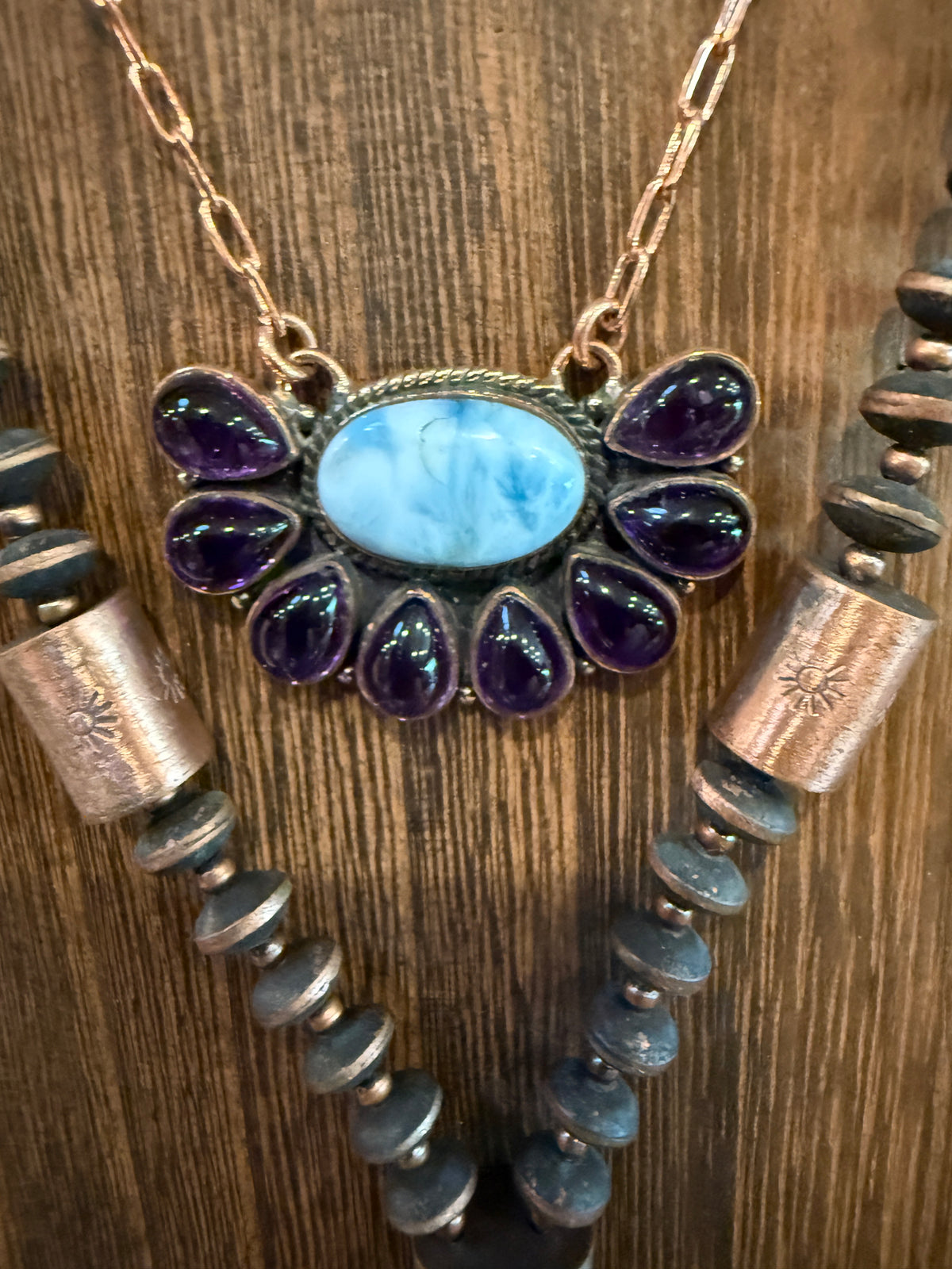 Larimar and Amethyst Necklace Layered with Totum Saucer Pearl Necklace Gift Set In Genuine Copper