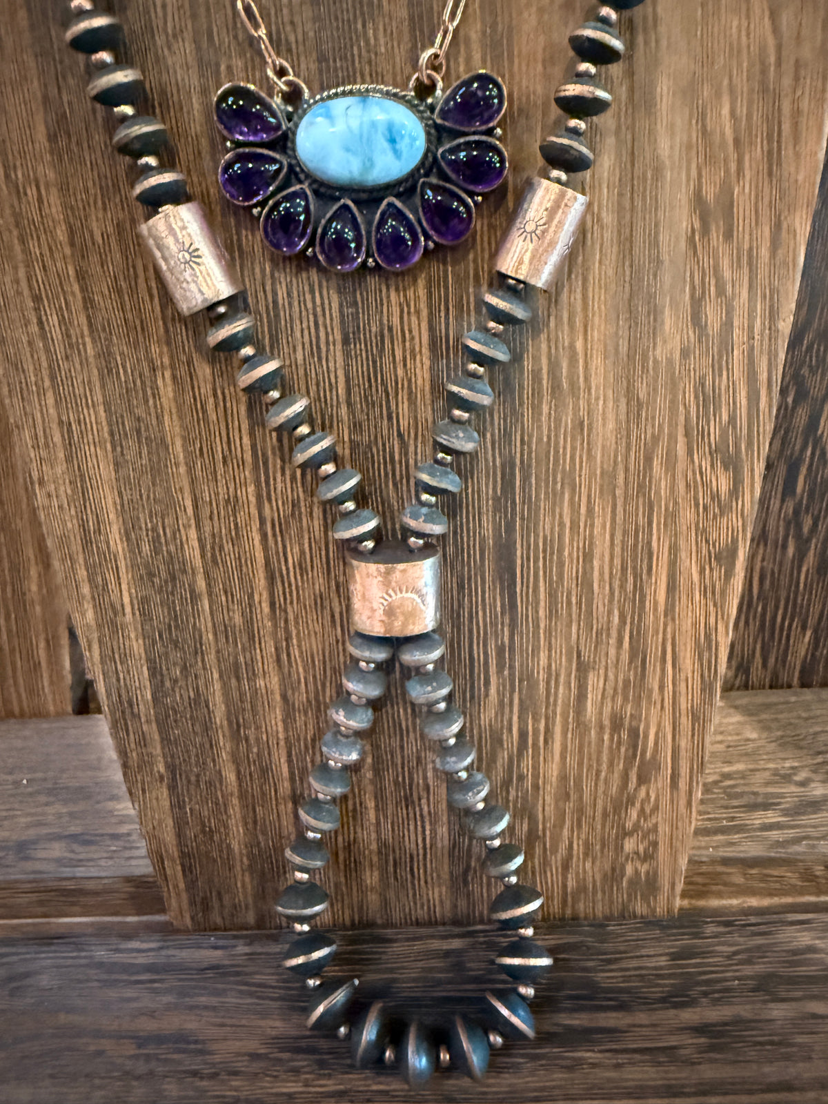 Larimar and Amethyst Necklace Layered with Totum Saucer Pearl Necklace Gift Set In Genuine Copper