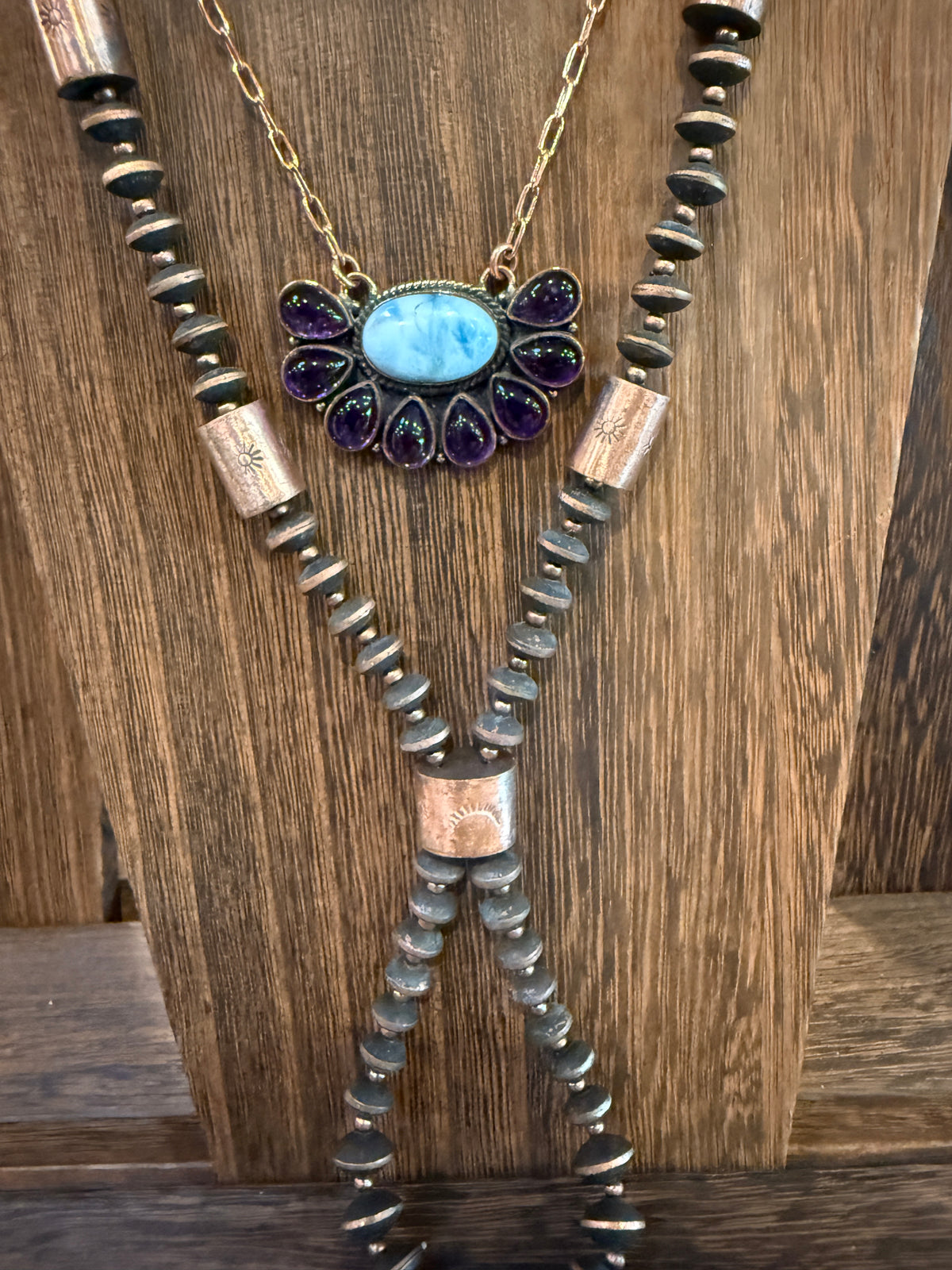 Larimar and Amethyst Necklace Layered with Totum Saucer Pearl Necklace Gift Set In Genuine Copper