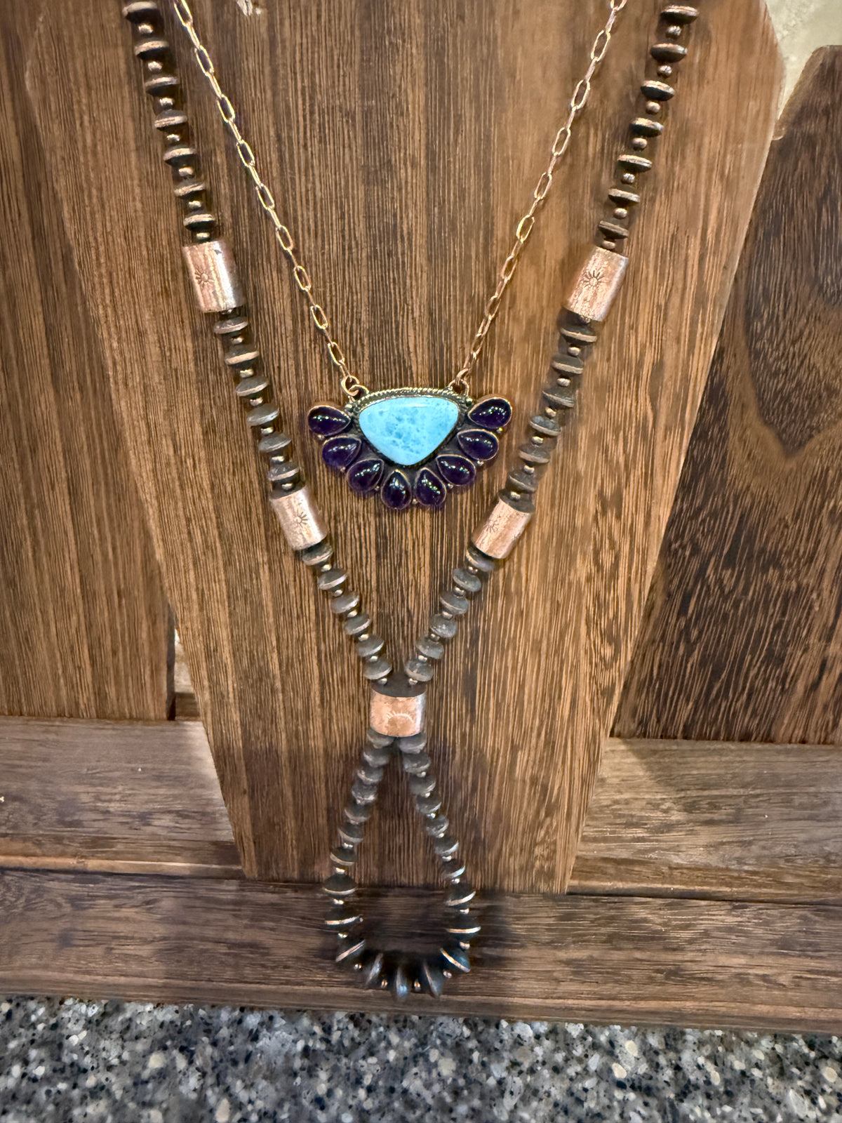 Larimar and Amethyst Necklace Layered with Totum Saucer Pearl Necklace Gift Set In Genuine Copper