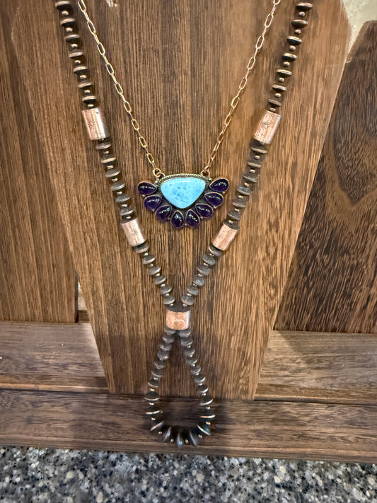 Larimar and Amethyst Necklace Layered with Totum Saucer Desert Pearl Necklace Gift Set in Genuine Copper