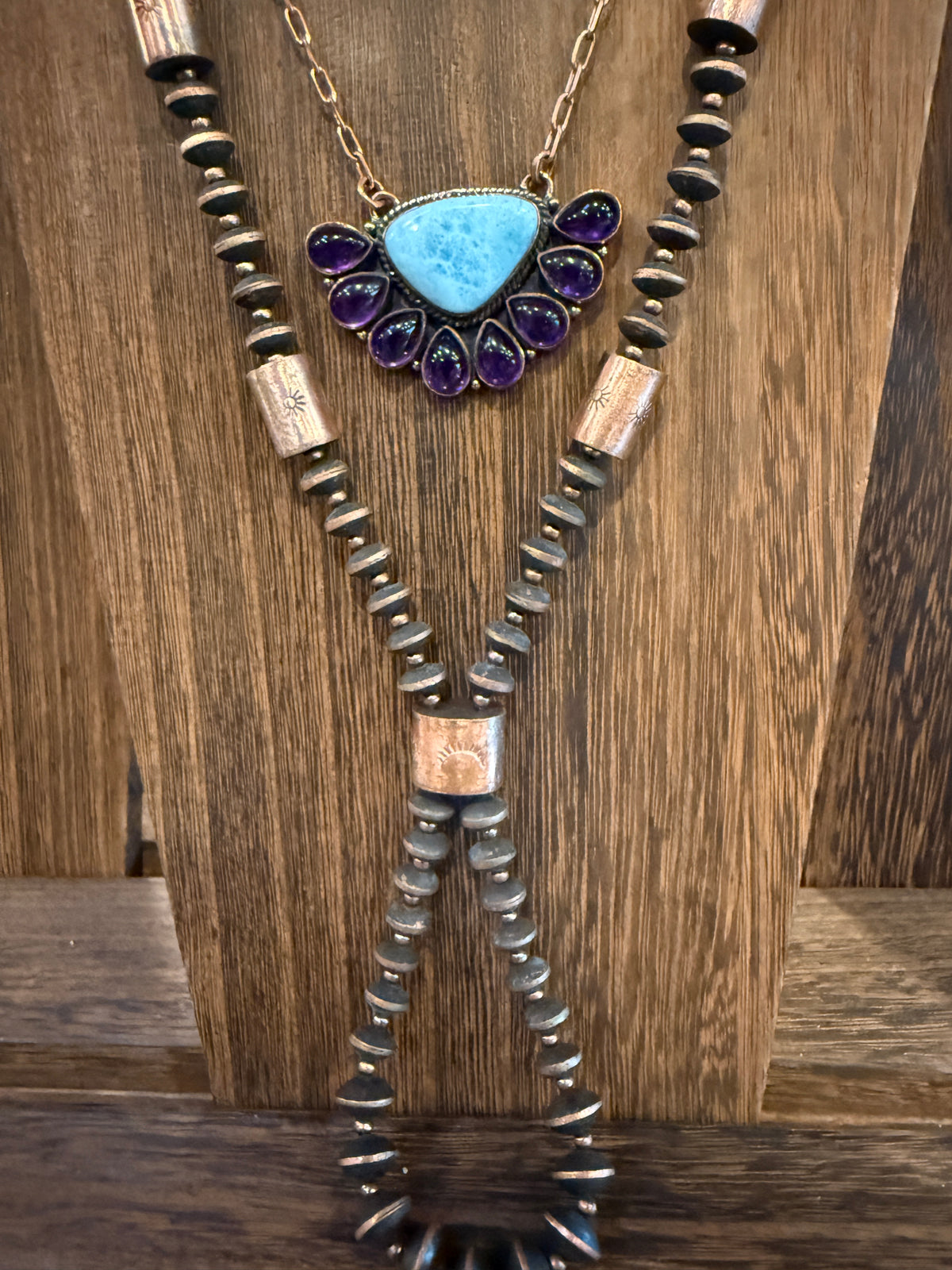 Larimar and Amethyst Necklace Layered with Totum Saucer Pearl Necklace Gift Set In Genuine Copper