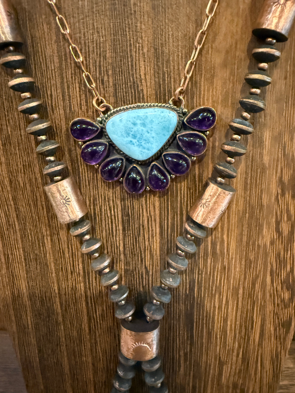 Larimar and Amethyst Necklace Layered with Totum Saucer Desert Pearl Necklace Gift Set in Genuine Copper