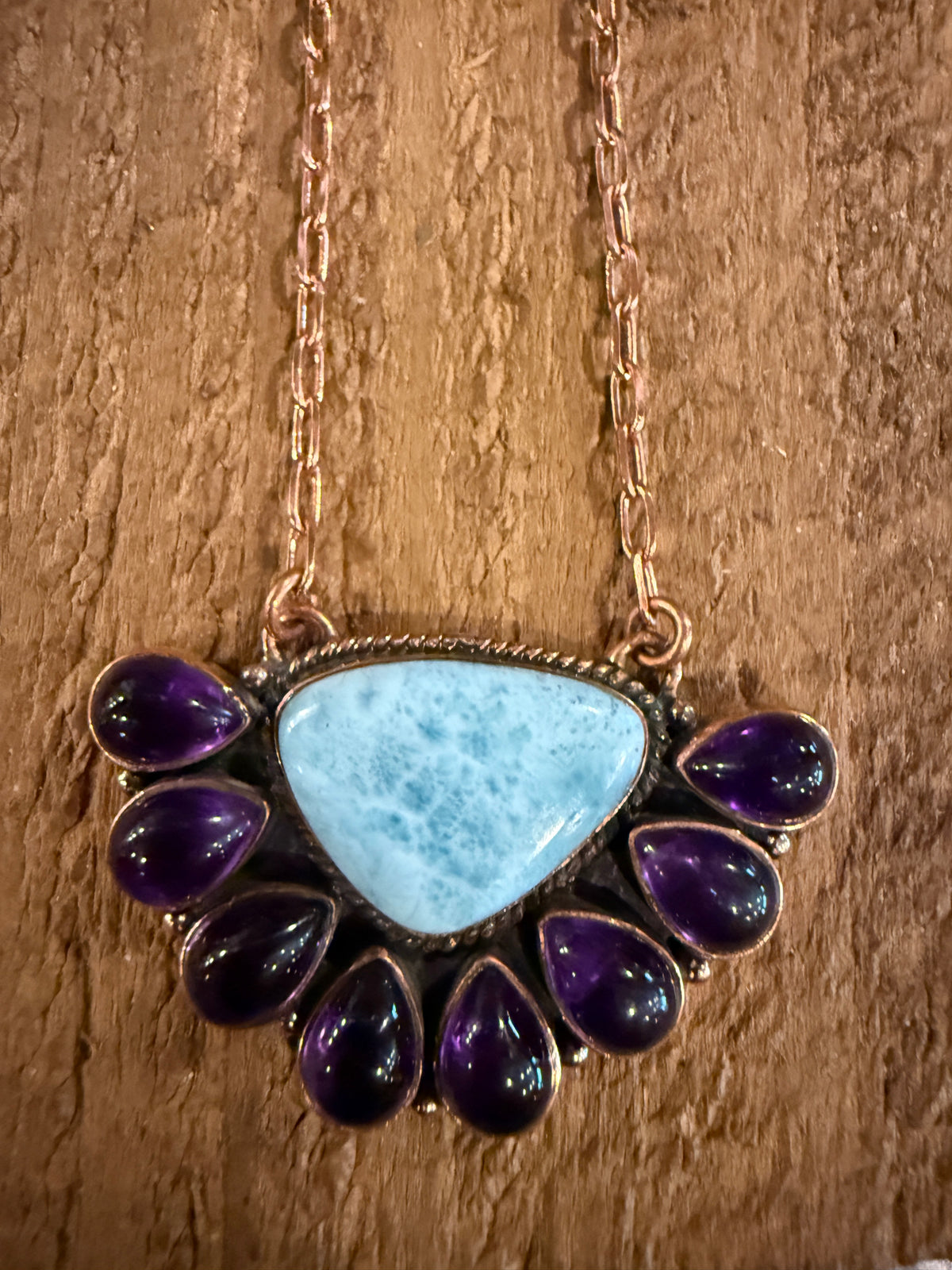 Larimar and Amethyst Necklace Layered with Totum Saucer Desert Pearl Necklace Gift Set in Genuine Copper