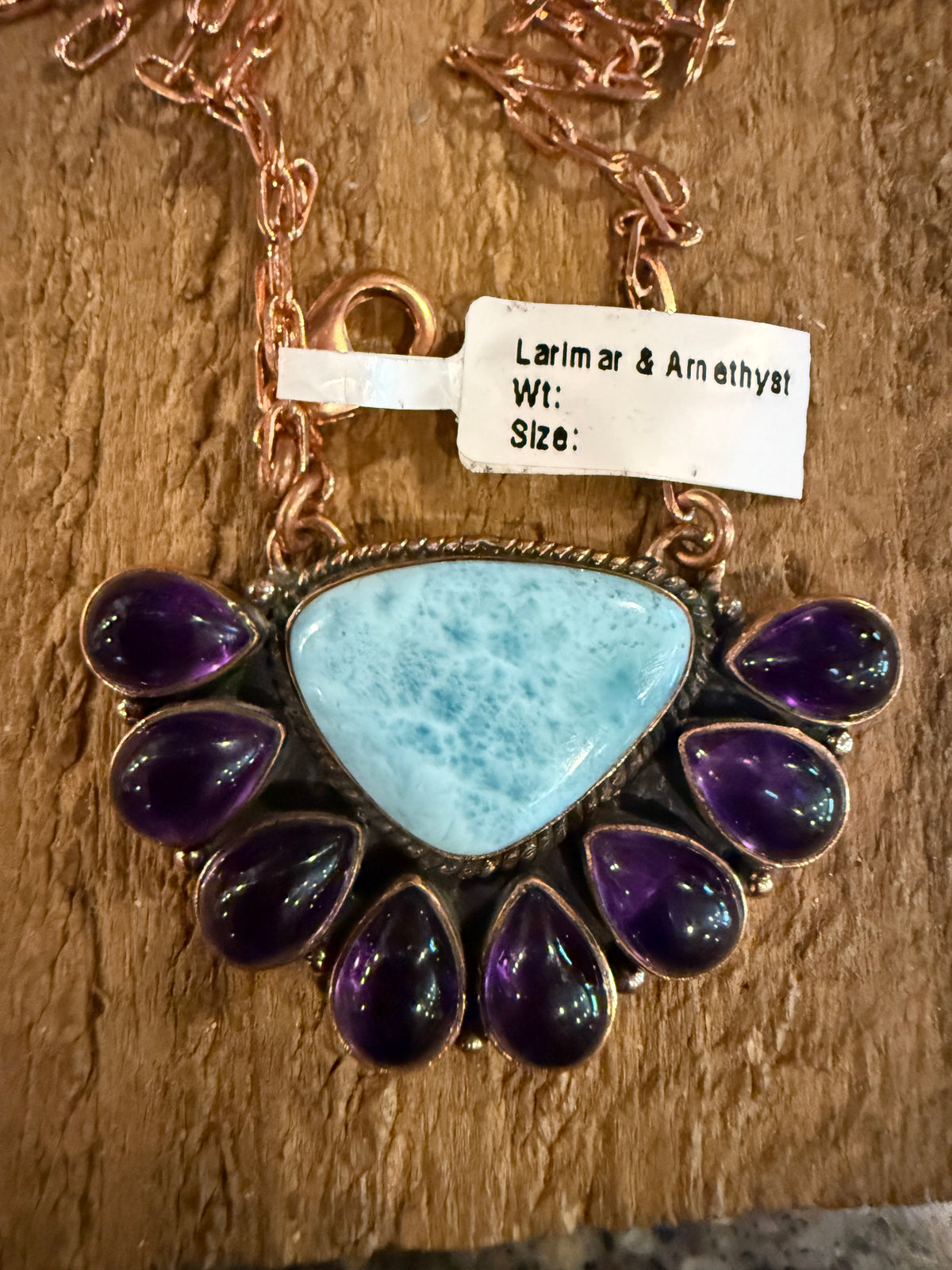 Larimar and Amethyst Necklace Layered with Totum Saucer Desert Pearl Necklace Gift Set in Genuine Copper