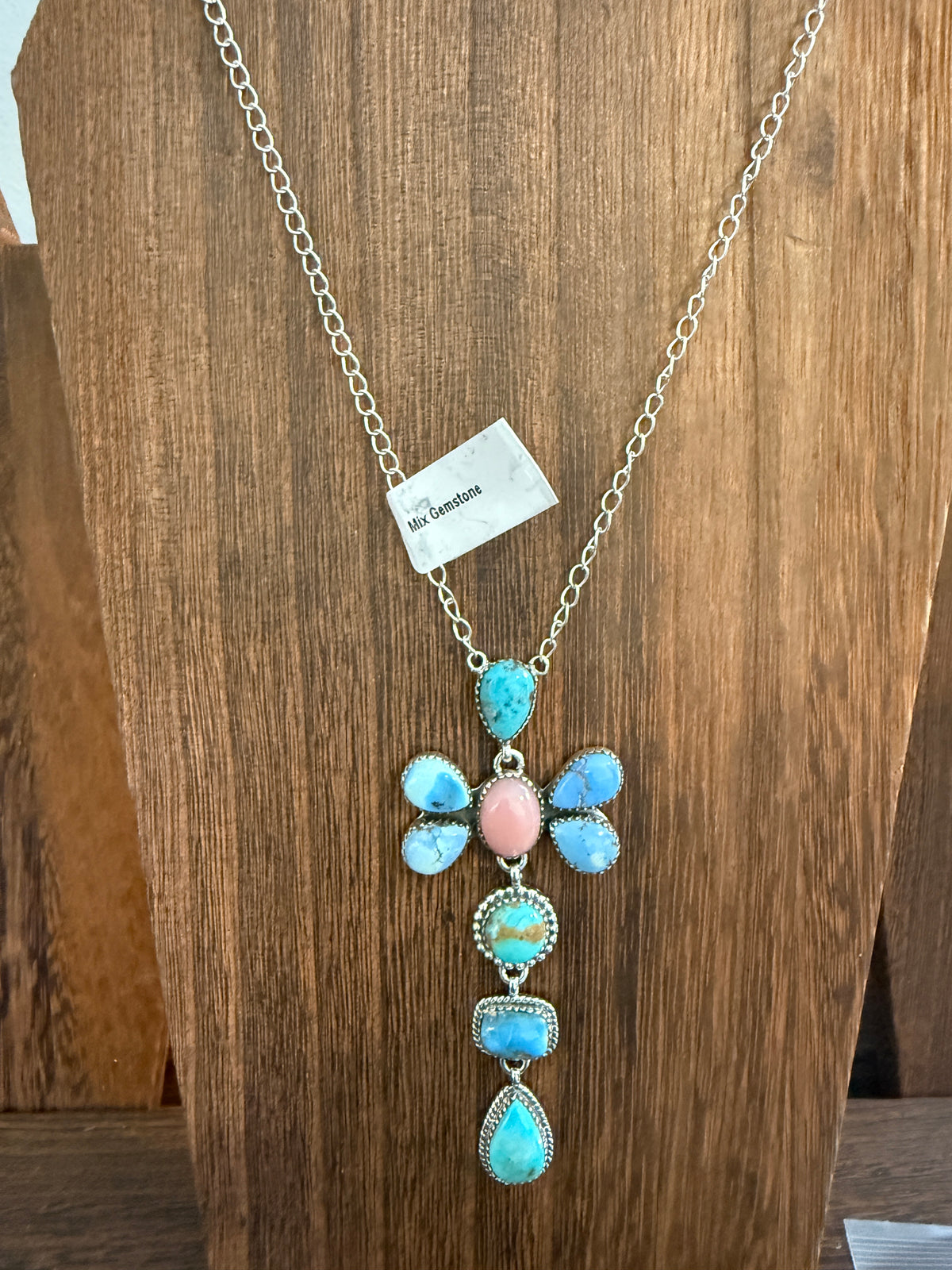 Golden Hills, Pink Conch and Mohave Turquoise Gemstone Chain Lariat Necklace in Sterling Silver