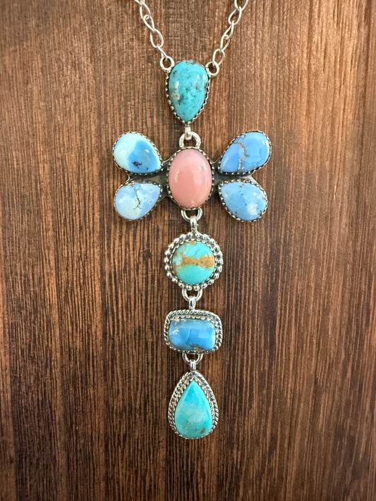 Golden Hills, Pink Conch and Mohave Turquoise Gemstone Chain Lariat Necklace in Sterling Silver