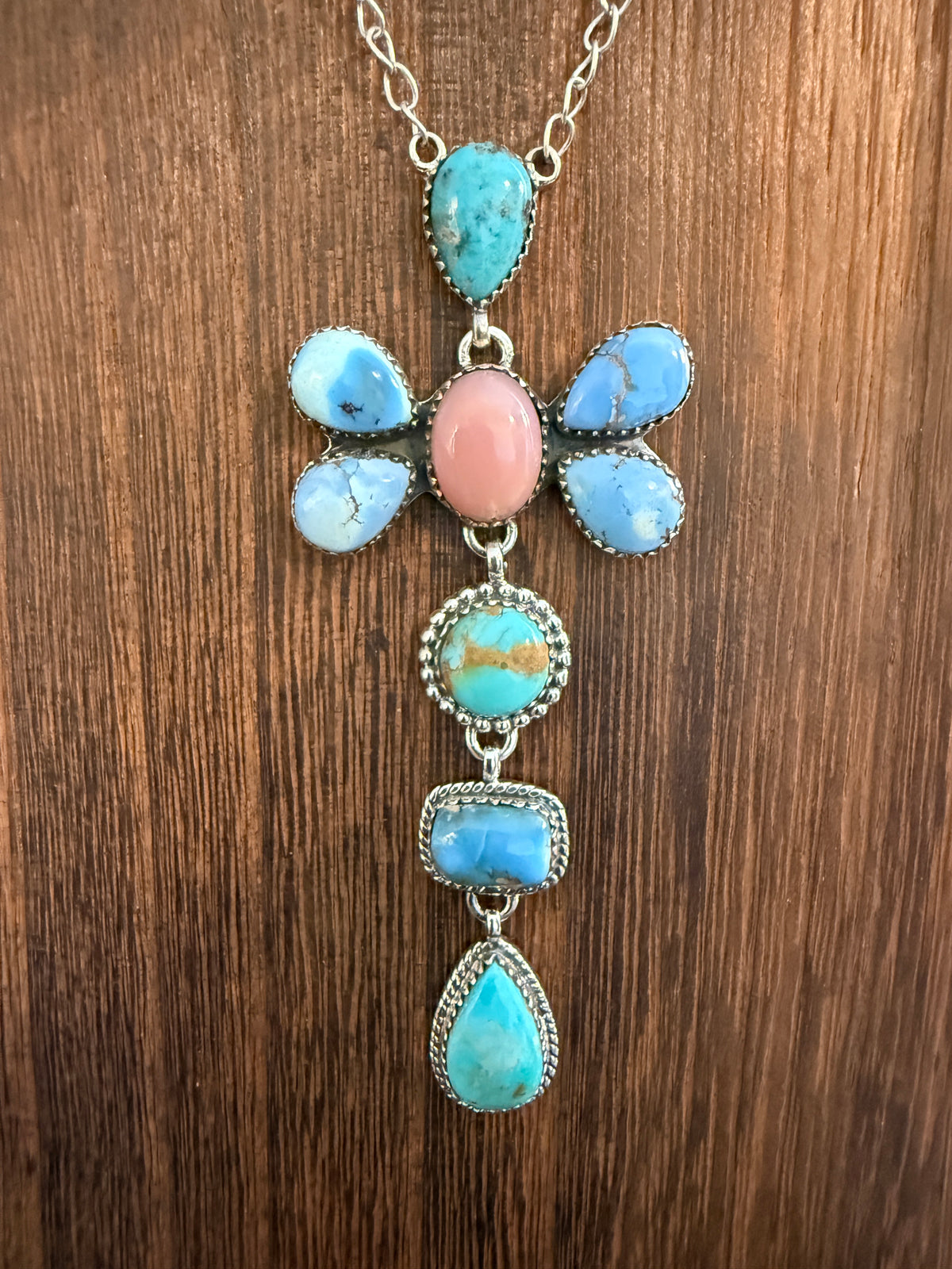 Golden Hills, Pink Conch and Mohave Turquoise Gemstone Chain Lariat Necklace in Sterling Silver