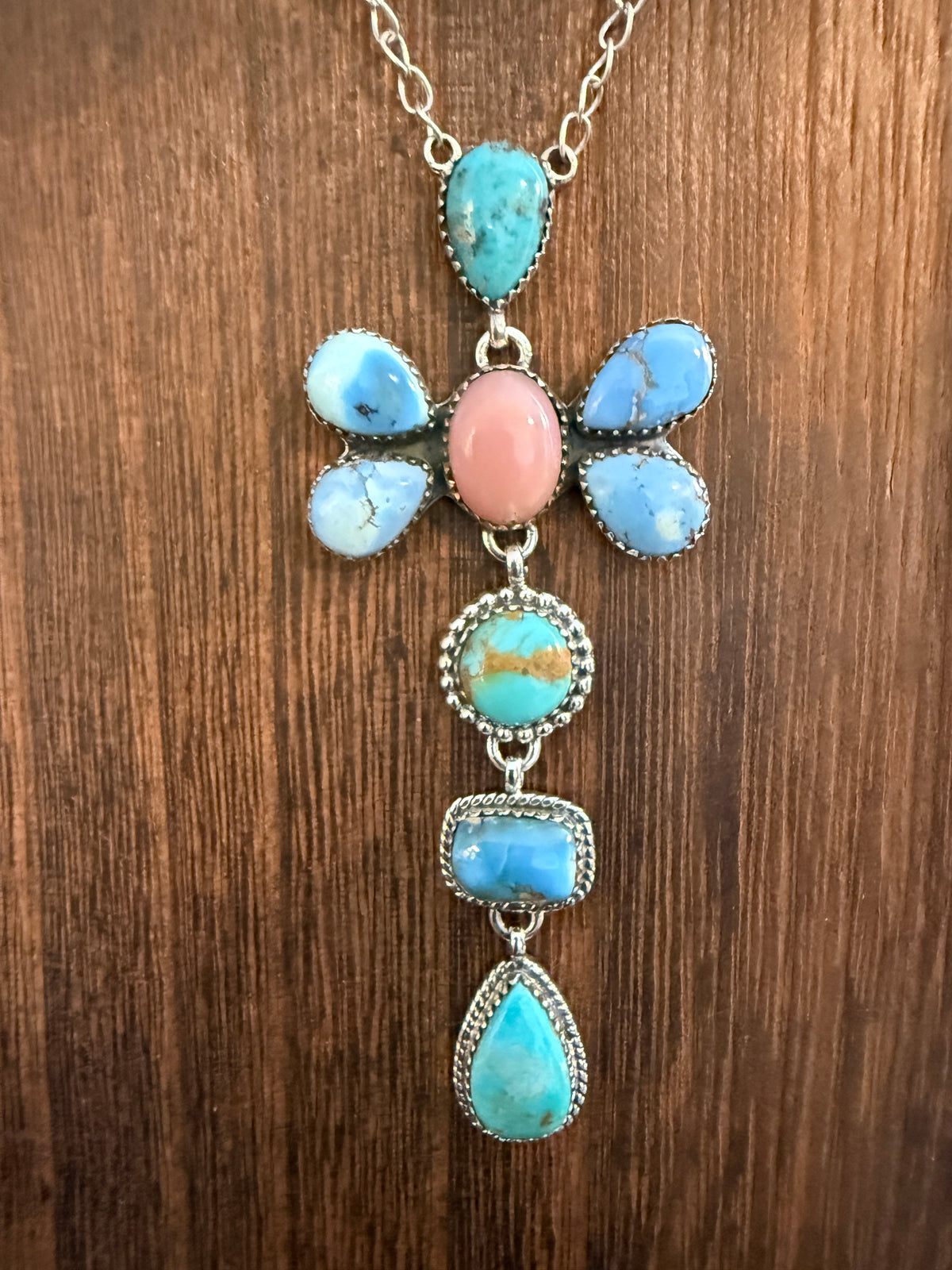 Golden Hills, Pink Conch and Mohave Turquoise Gemstone Chain Lariat Necklace in Sterling Silver