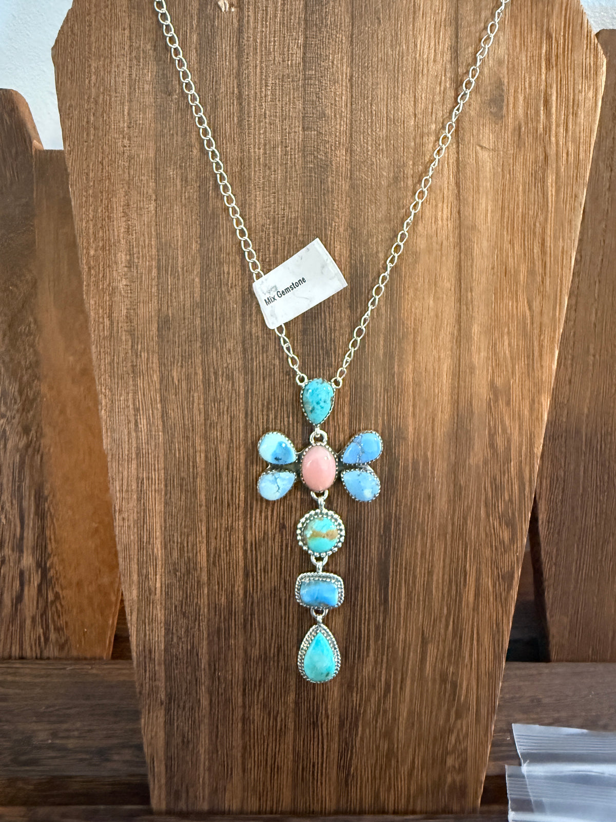 Golden Hills, Pink Conch and Mohave Turquoise Gemstone Chain Lariat Necklace in Sterling Silver