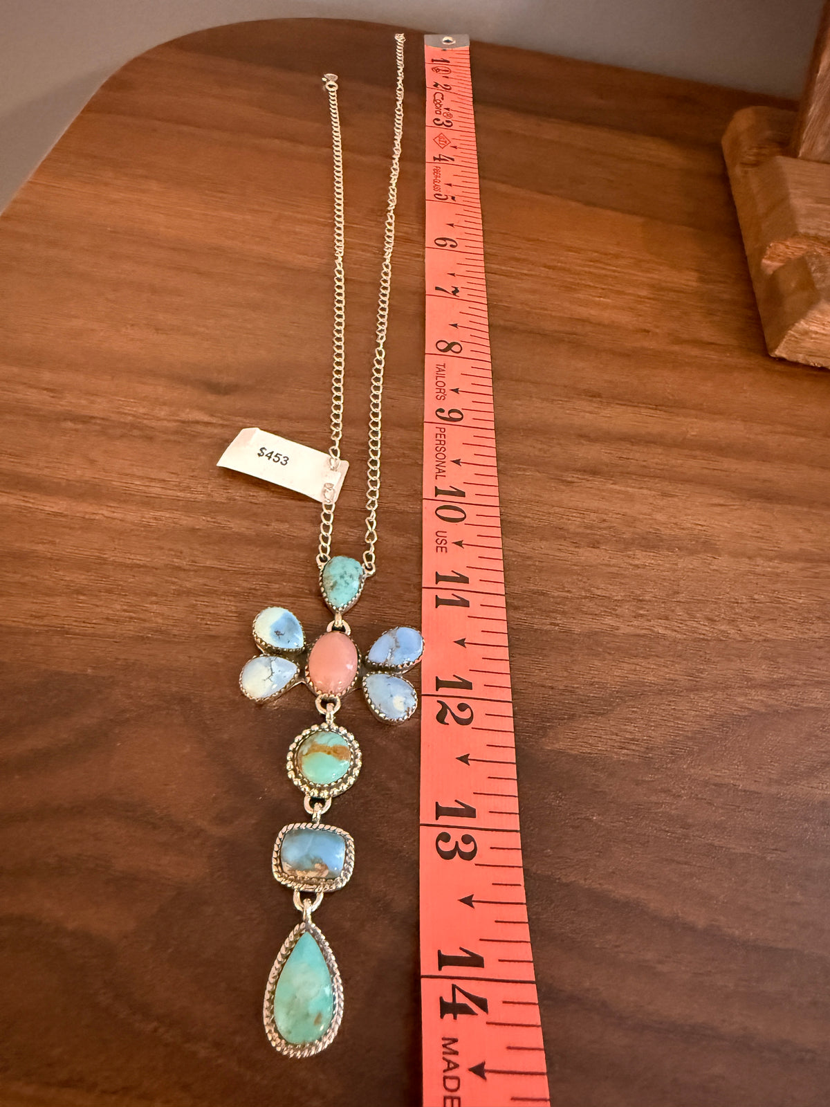 Golden Hills, Pink Conch and Mohave Turquoise Gemstone Chain Lariat Necklace in Sterling Silver
