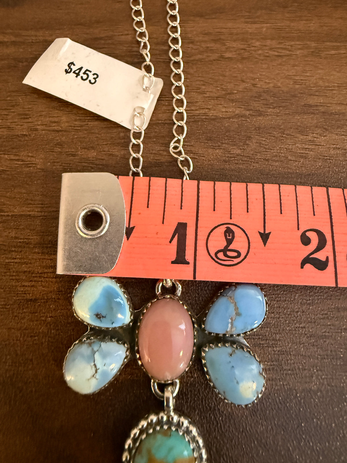 Golden Hills, Pink Conch and Mohave Turquoise Gemstone Chain Lariat Necklace in Sterling Silver