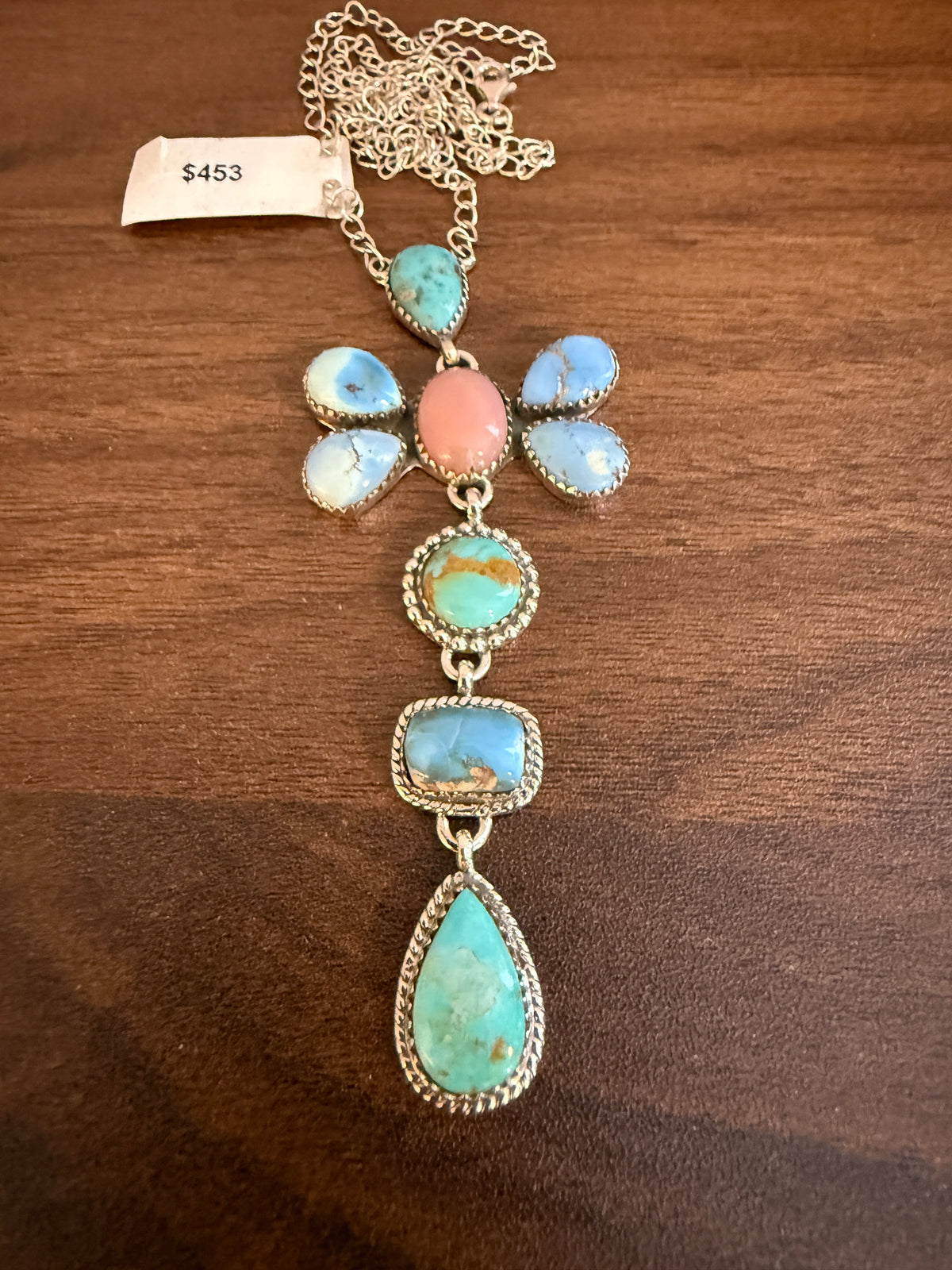 Golden Hills, Pink Conch and Mohave Turquoise Gemstone Chain Lariat Necklace in Sterling Silver