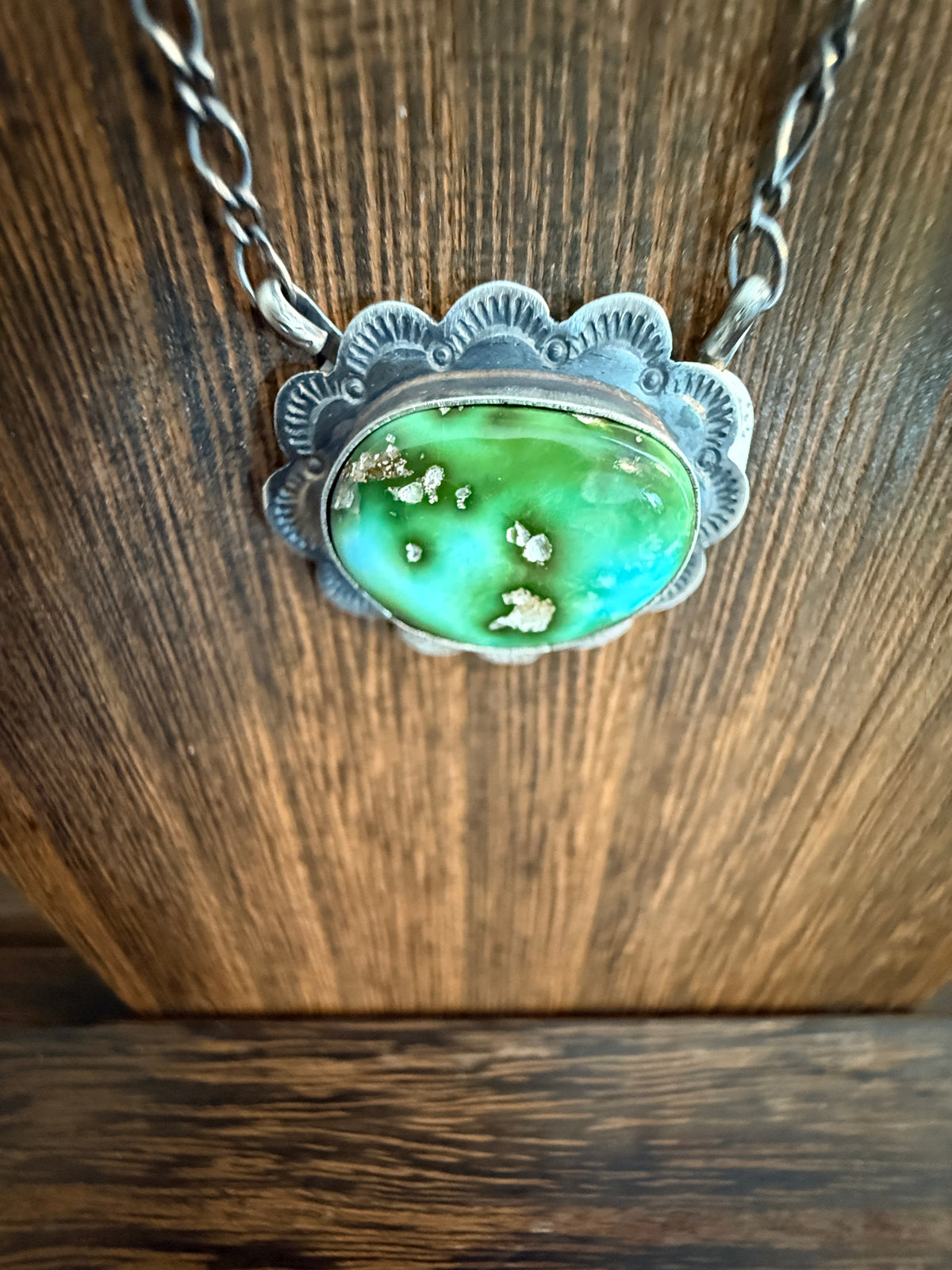 Native Signed Scott Skeets Sonoran Gold Turquoise Chain Pendant Necklace in Sterling Silver