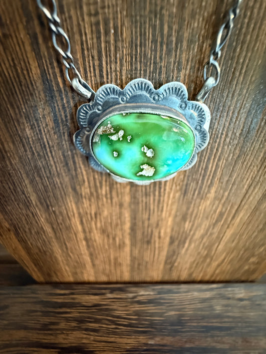 Native Signed Scott Skeets Sonoran Gold Turquoise Chain Pendant Necklace in Sterling Silver