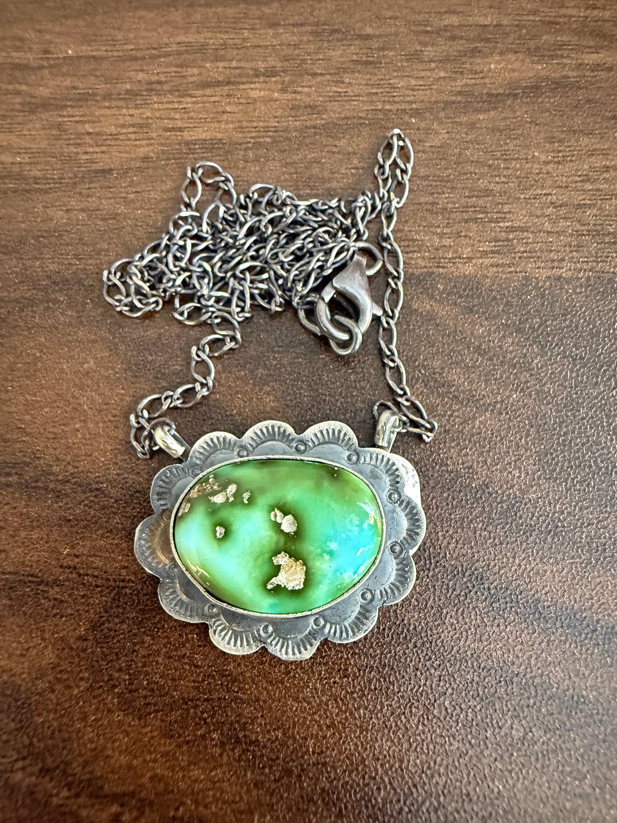 Native Signed Scott Skeets Sonoran Gold Turquoise Chain Pendant Necklace in Sterling Silver