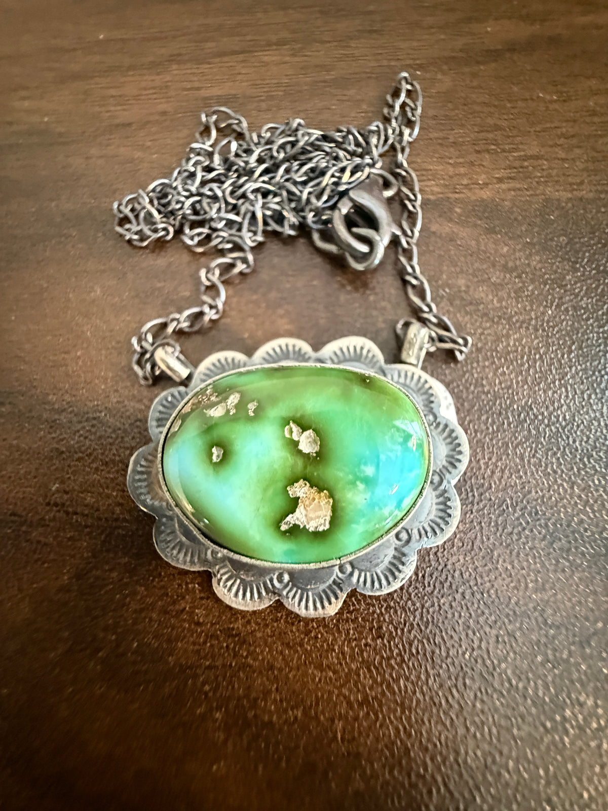 Native Signed Scott Skeets Sonoran Gold Turquoise Chain Pendant Necklace in Sterling Silver