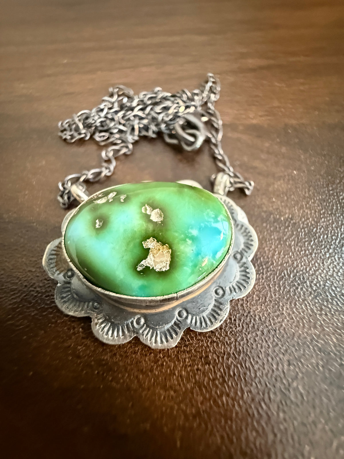 Native Signed Scott Skeets Sonoran Gold Turquoise Chain Pendant Necklace in Sterling Silver