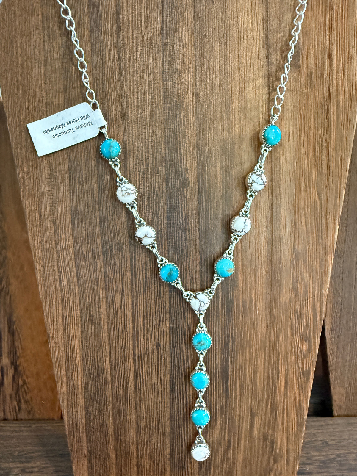 Mohave Turquoise and Wild Horse Dahlia Lariat Necklace in Sterling Silver