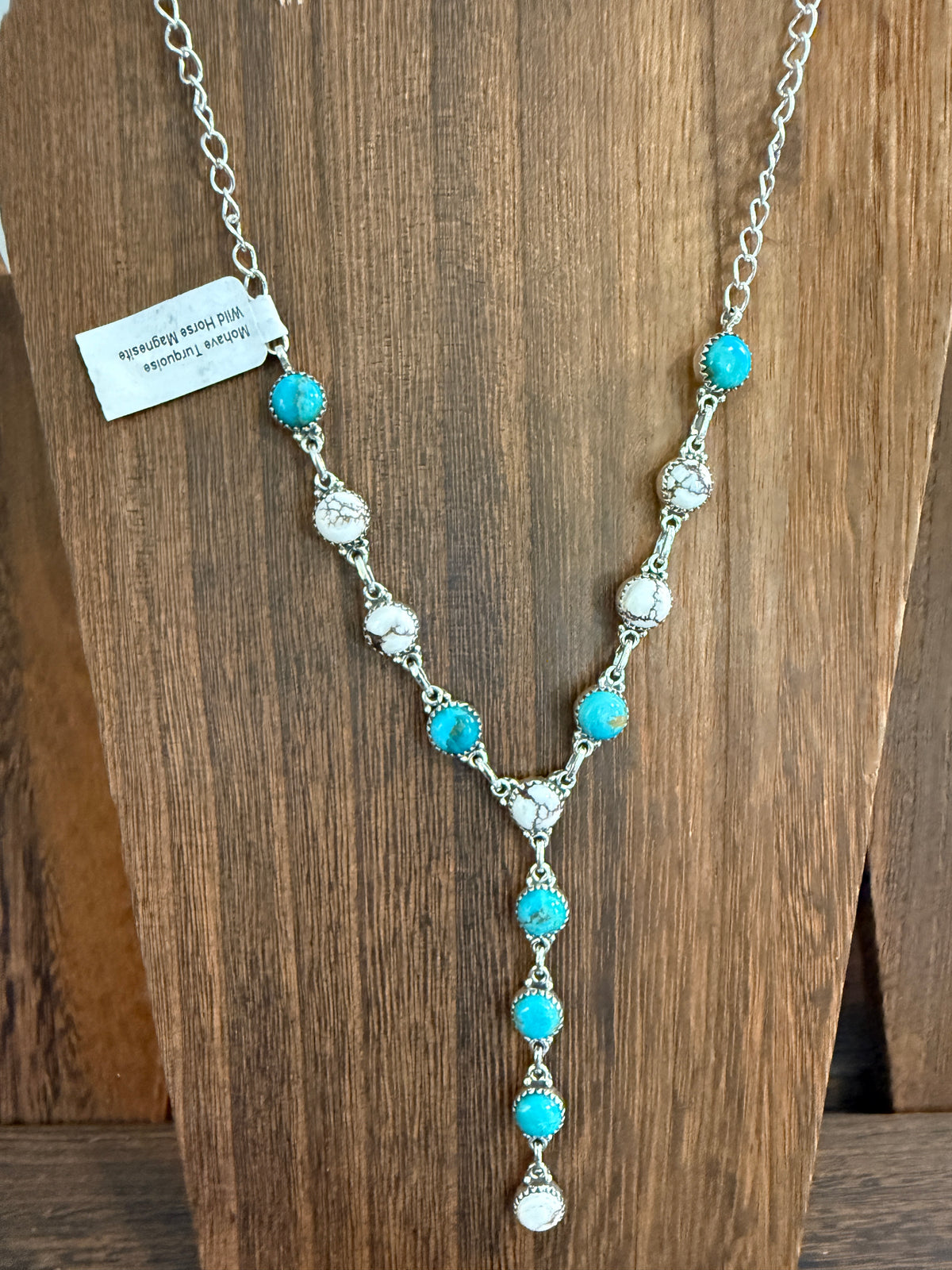 Mohave Turquoise and Wild Horse Dahlia Lariat Necklace in Sterling Silver