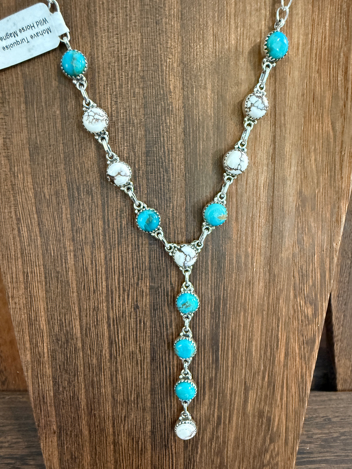 Mohave Turquoise and Wild Horse Dahlia Lariat Necklace in Sterling Silver