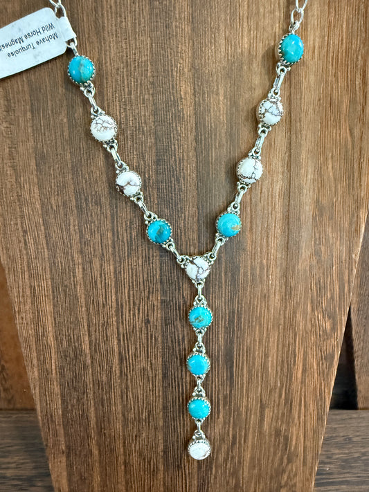 Mohave Turquoise and Wild Horse Dahlia Lariat Necklace in Sterling Silver
