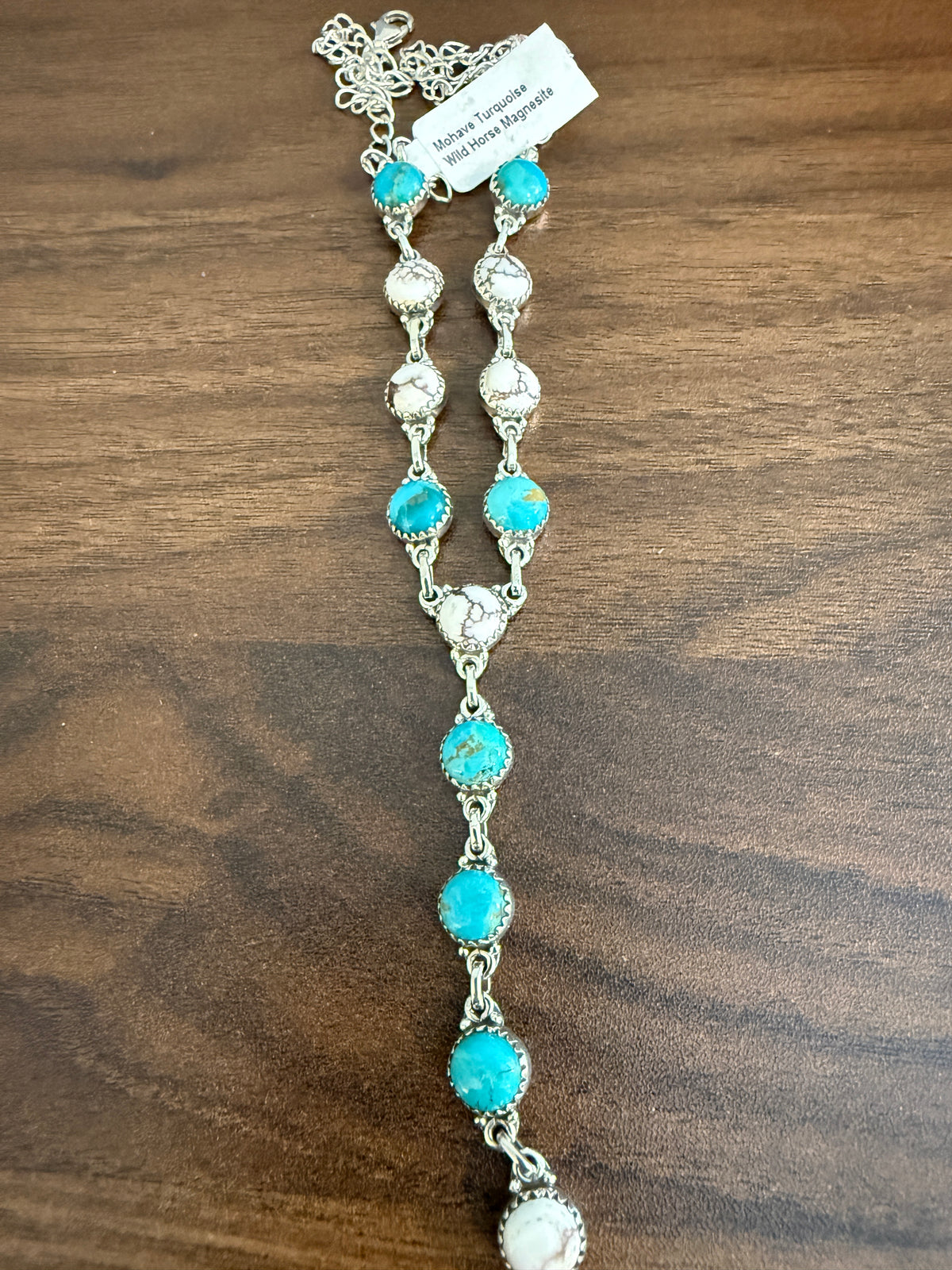 Mohave Turquoise and Wild Horse Dahlia Lariat Necklace in Sterling Silver