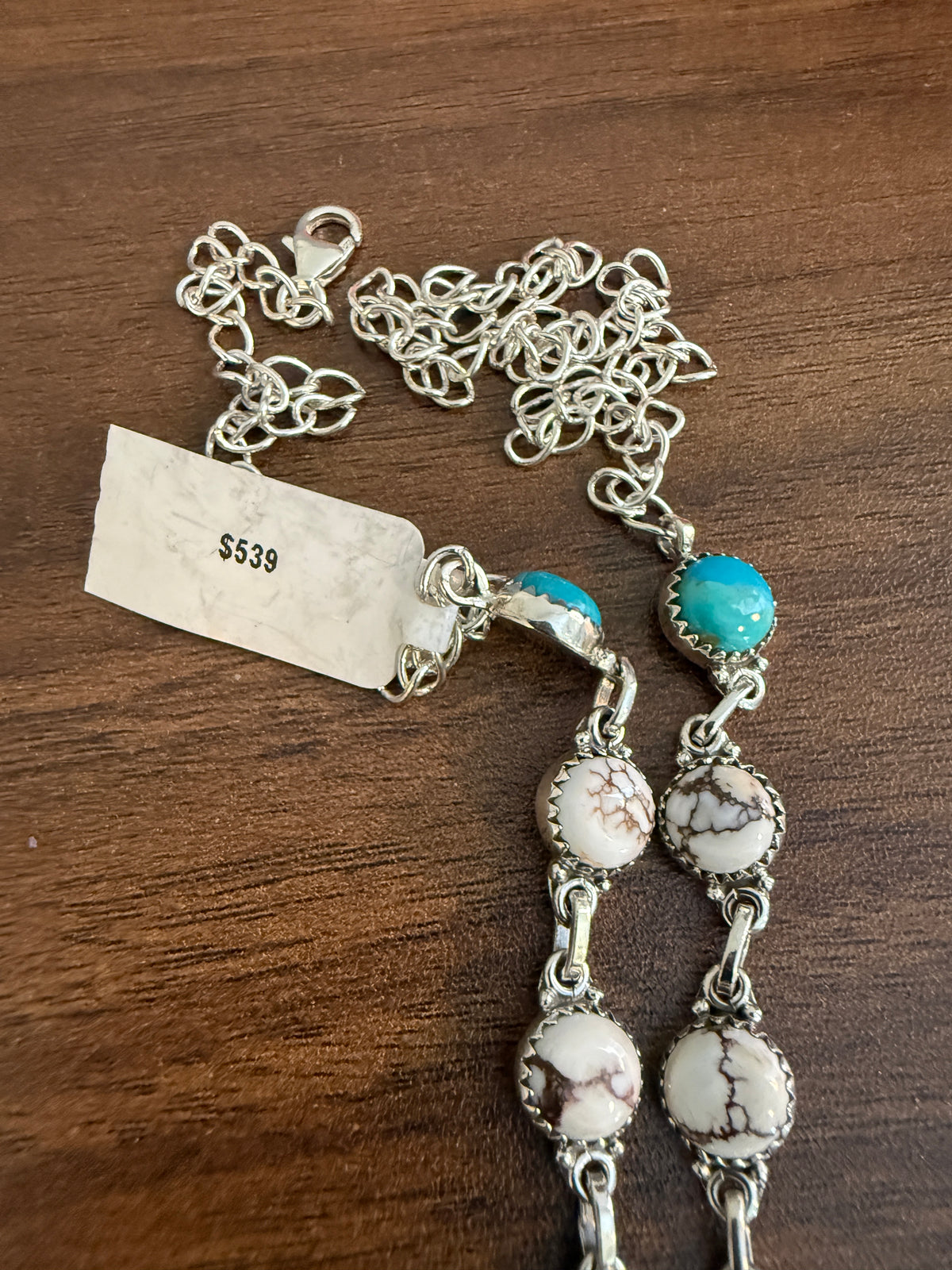 Mohave Turquoise and Wild Horse Dahlia Lariat Necklace in Sterling Silver