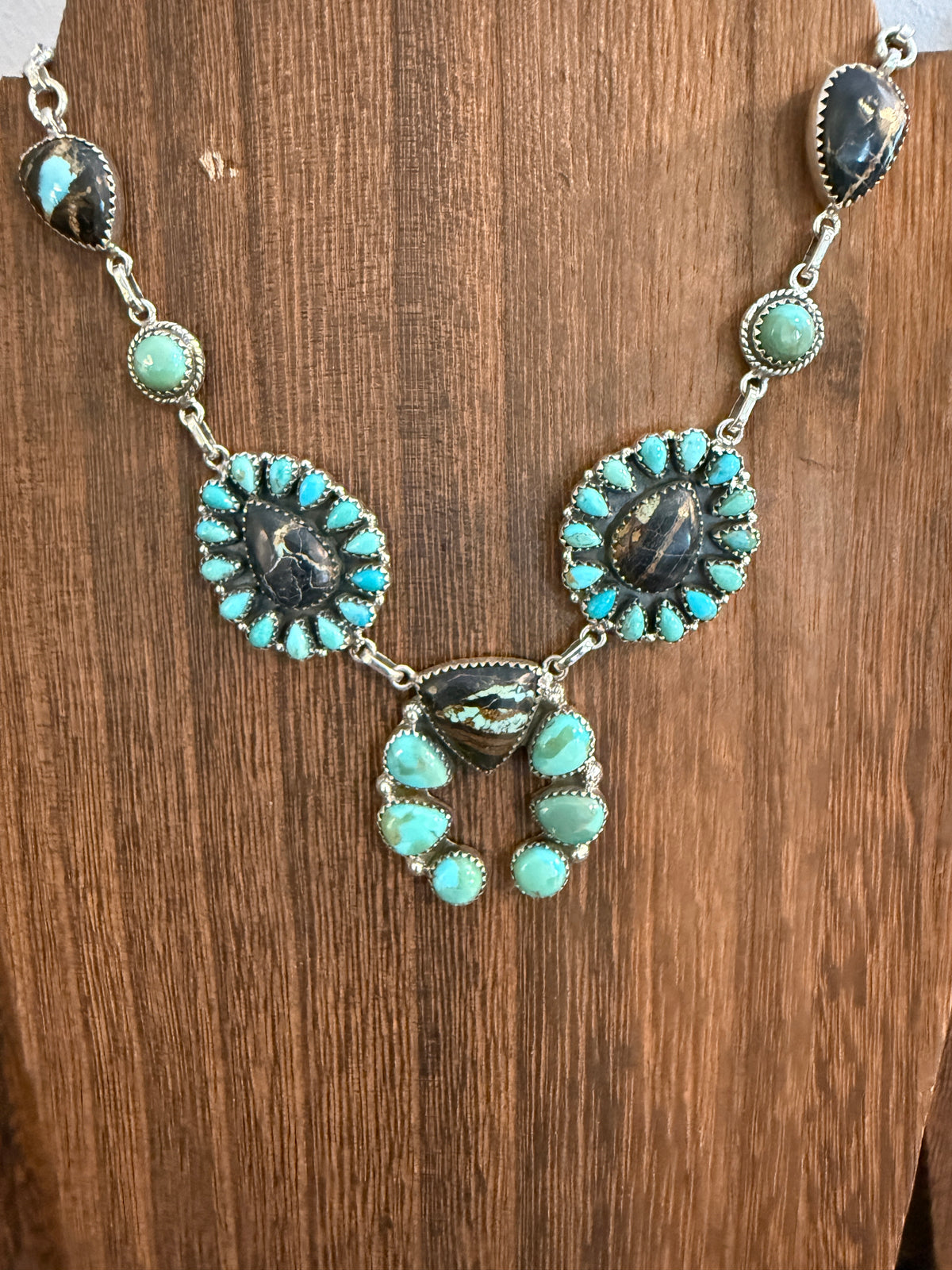 Black Jack and Mohave Turquoise Gemstone Lariat Squash Necklace in Sterling Silver