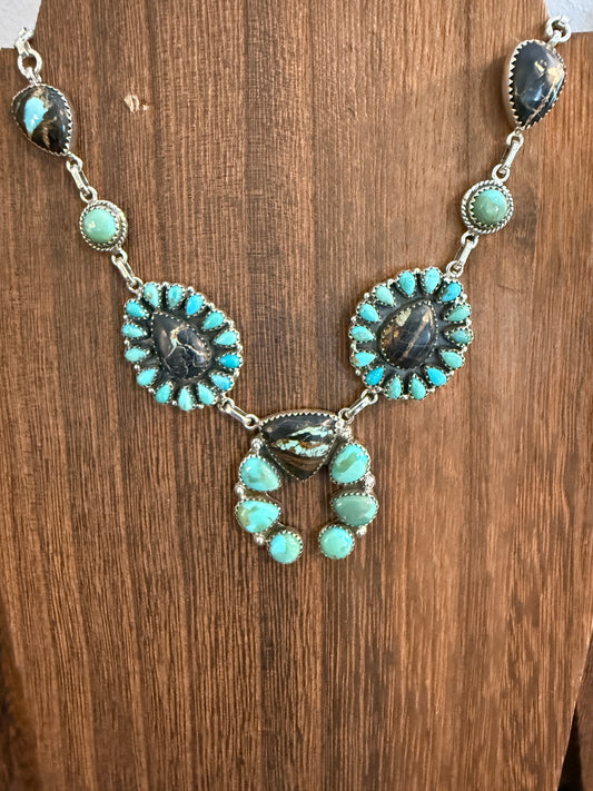 Black Jack and Mohave Turquoise Gemstone Lariat Squash Necklace in Sterling Silver