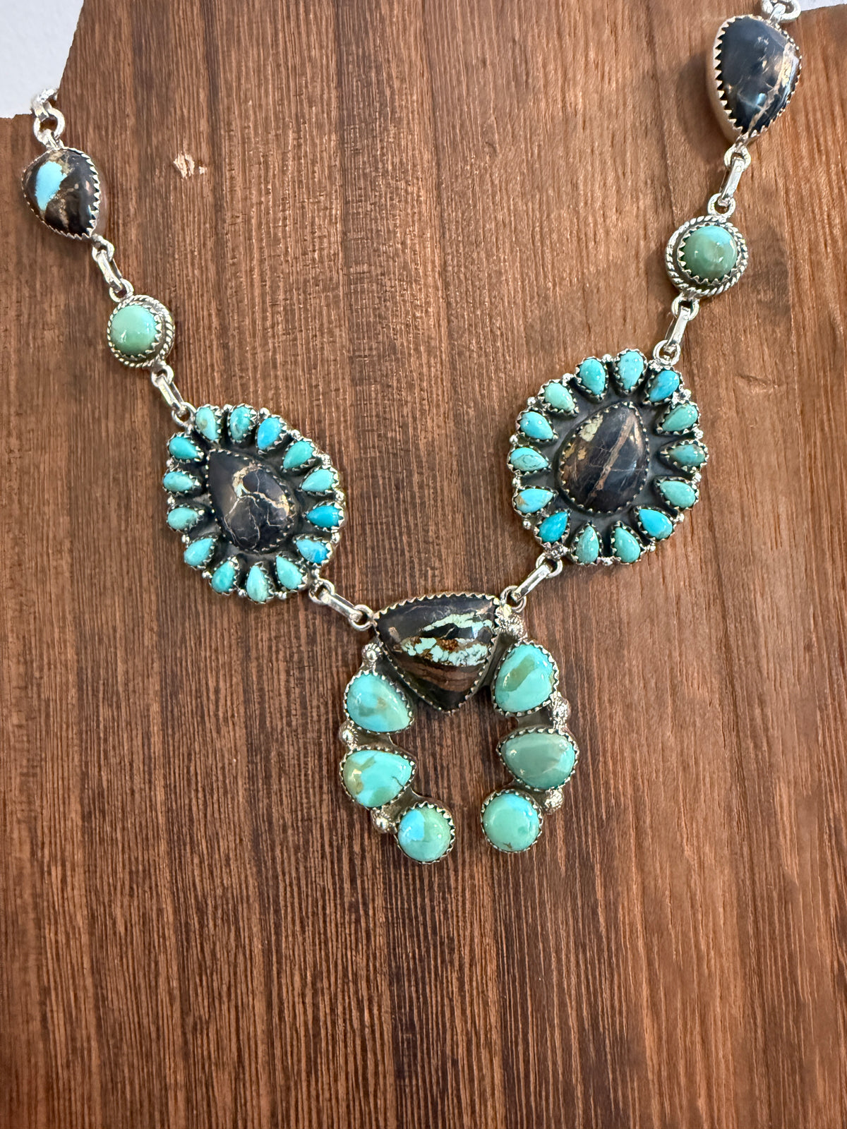 Black Jack and Mohave Turquoise Gemstone Lariat Squash Necklace in Sterling Silver