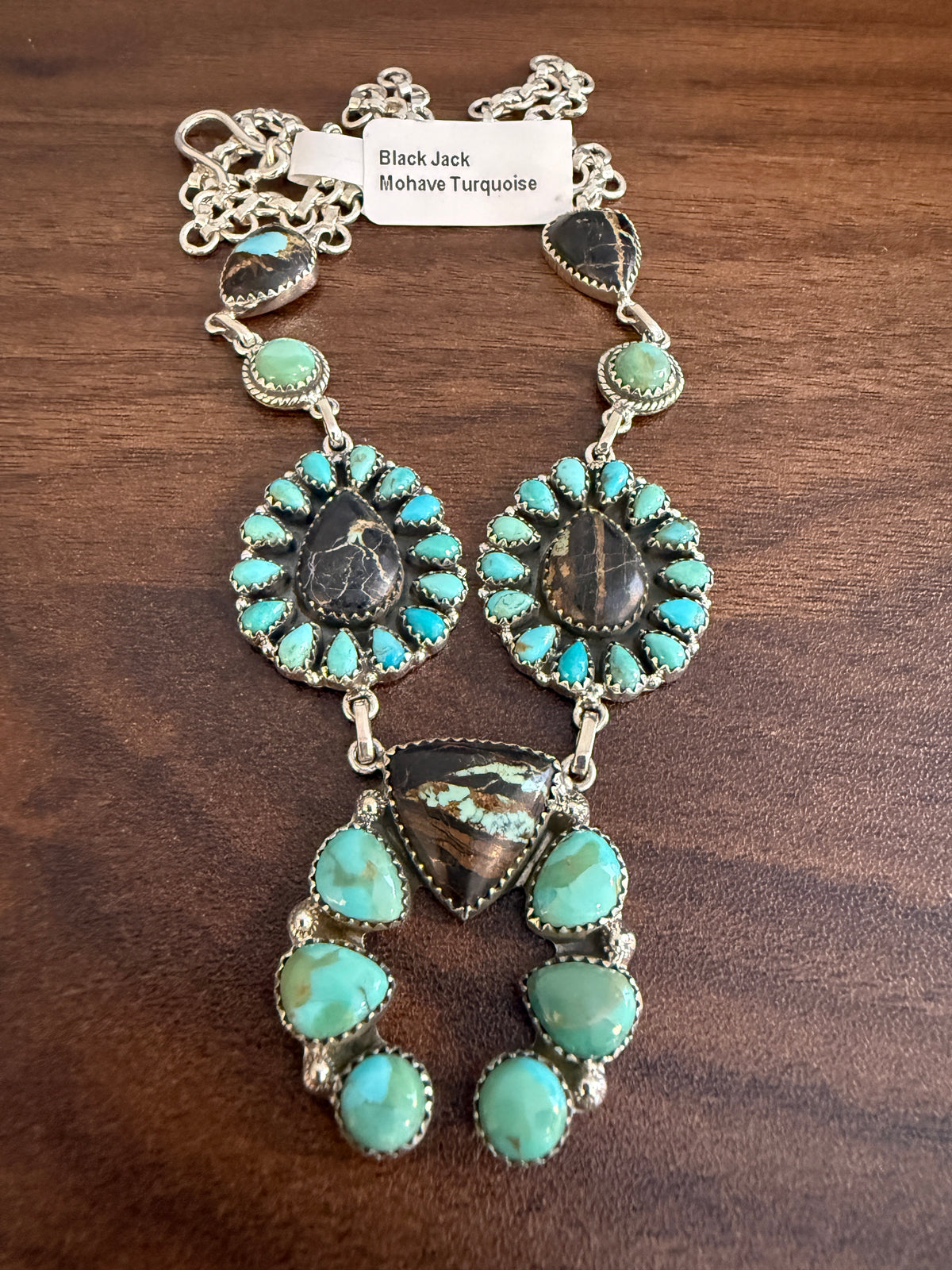 Black Jack and Mohave Turquoise Gemstone Lariat Squash Necklace in Sterling Silver