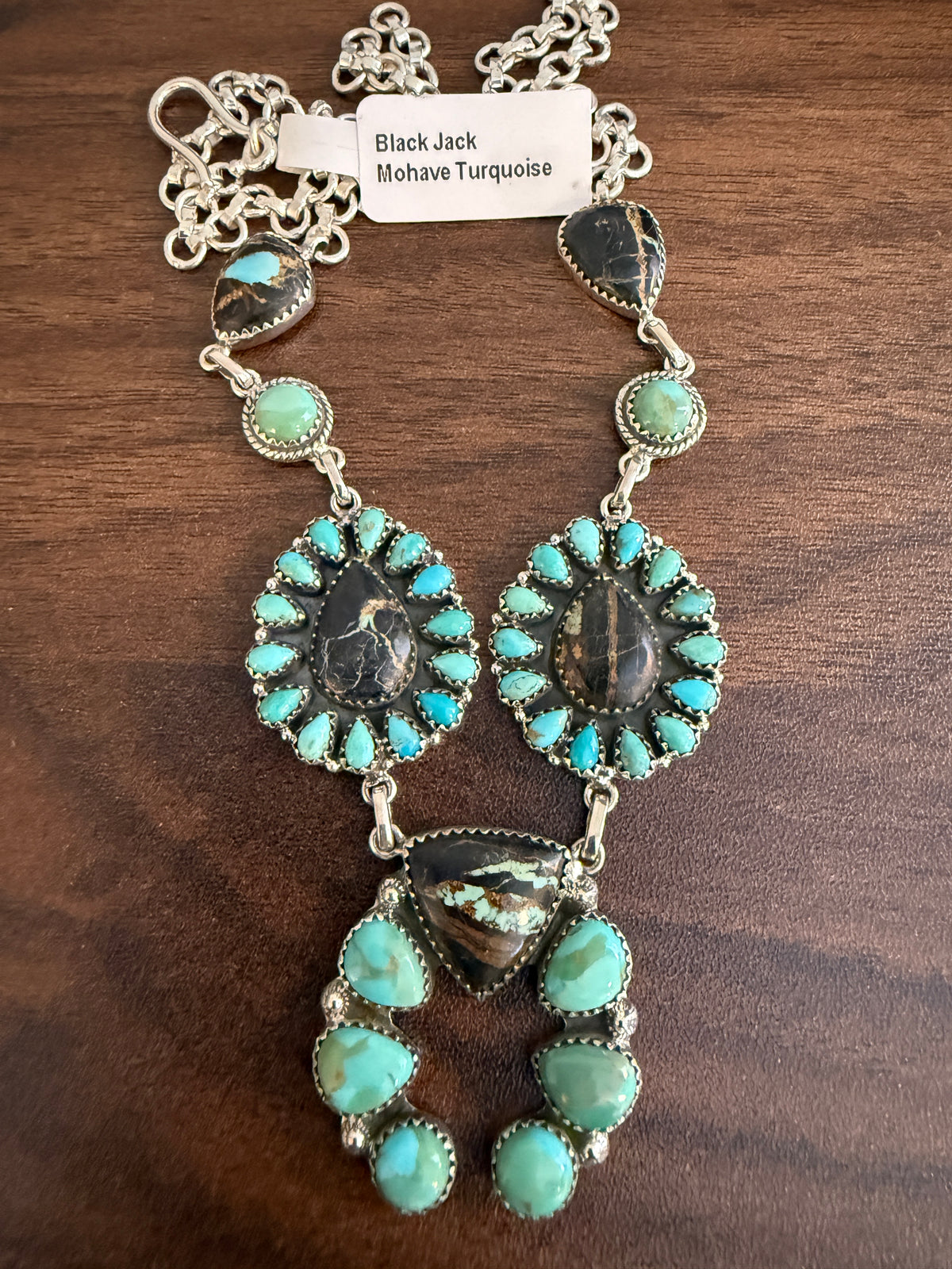 Black Jack and Mohave Turquoise Gemstone Lariat Squash Necklace in Sterling Silver
