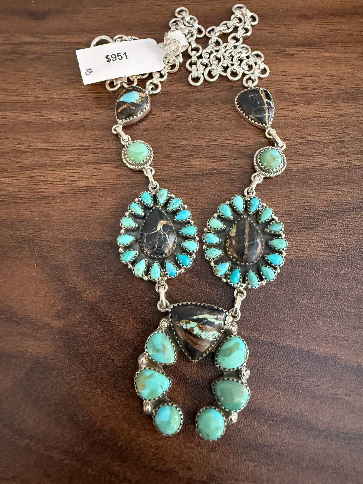 Black Jack and Mohave Turquoise Gemstone Lariat Squash Necklace in Sterling Silver