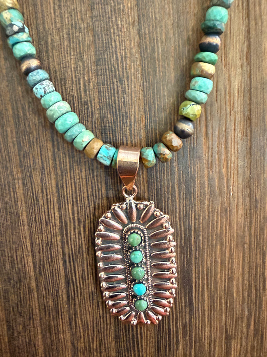 Royston Turquoise Gemstone 16 Inch Beaded Pendant Necklace in Genuine Copper