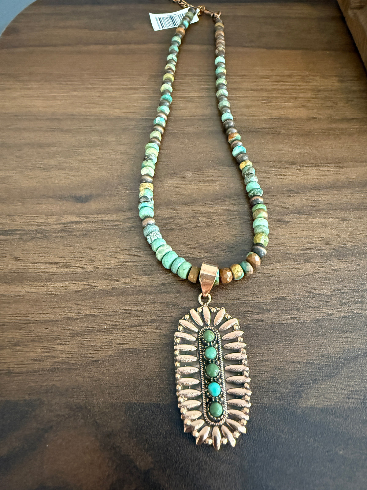 Royston Turquoise Gemstone 16 Inch Beaded Pendant Necklace in Genuine Copper