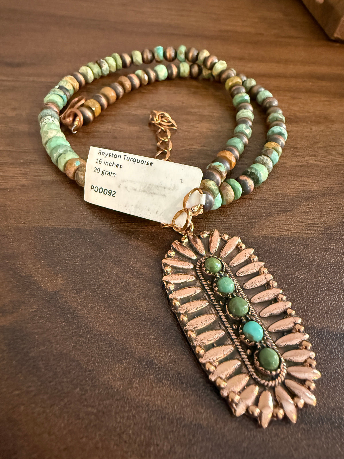 Royston Turquoise Gemstone 16 Inch Beaded Pendant Necklace in Genuine Copper