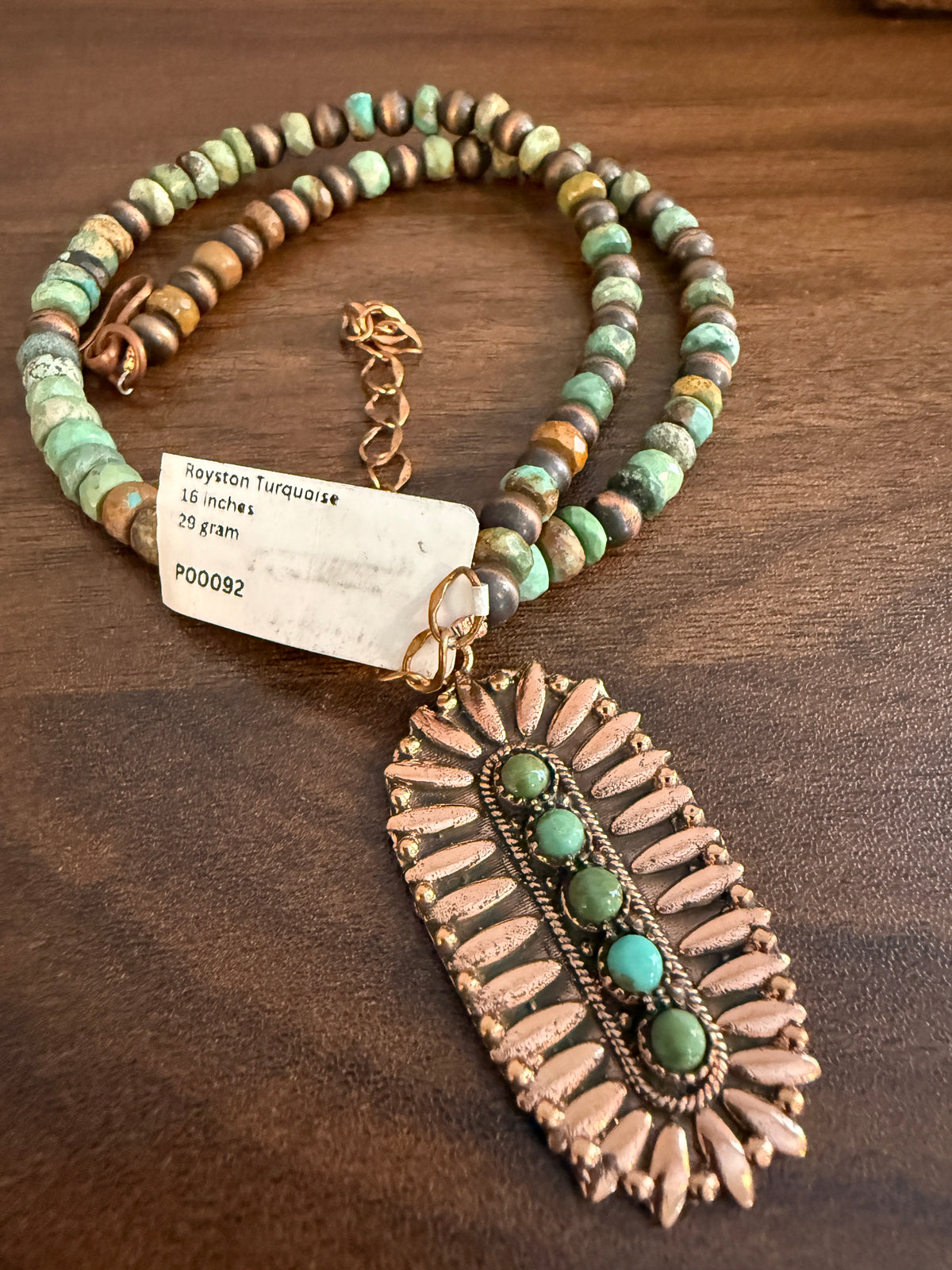 Royston Turquoise Gemstone 16 Inch Beaded Pendant Necklace in Genuine Copper