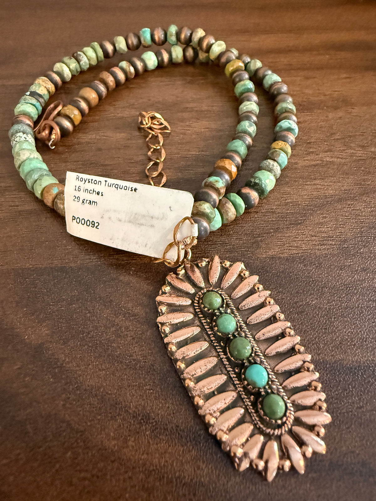 Royston Turquoise Gemstone 16 Inch Beaded Pendant Necklace in Genuine Copper