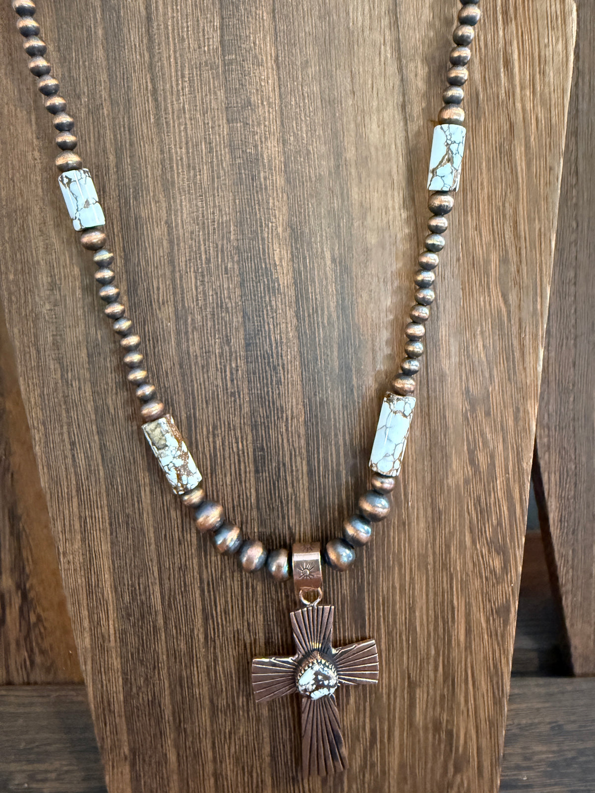 Wild Horse Dahlia Genuine Copper 6mm Beaded Pendant Necklace with Cross