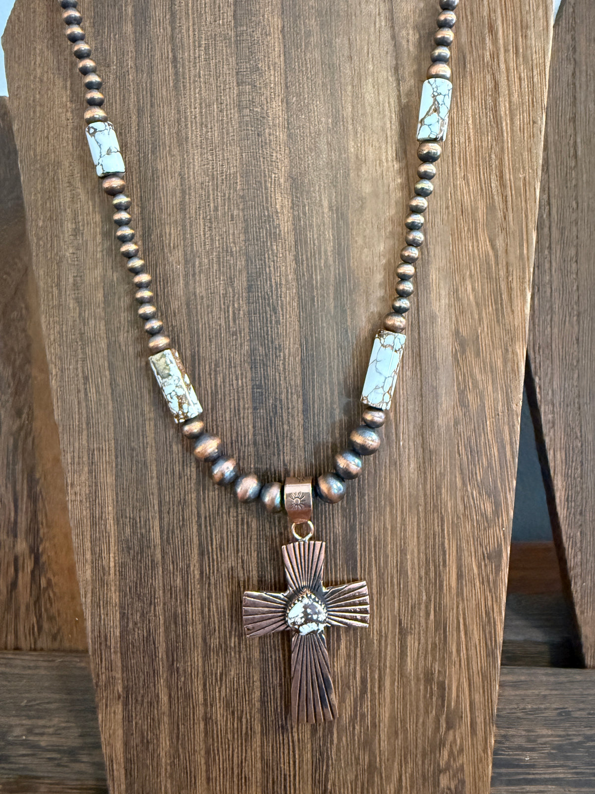Wild Horse Dahlia Genuine Copper 6mm Beaded Pendant Necklace with Cross