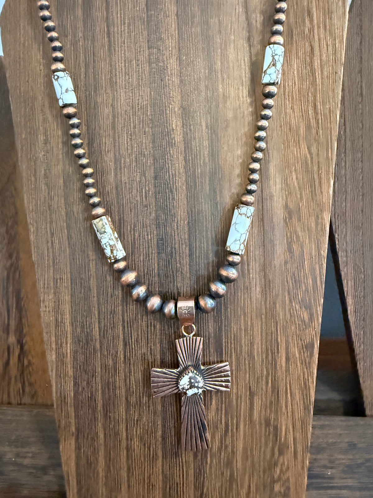 Wild Horse Dahlia Genuine Copper 6mm Beaded Pendant Necklace with Cross