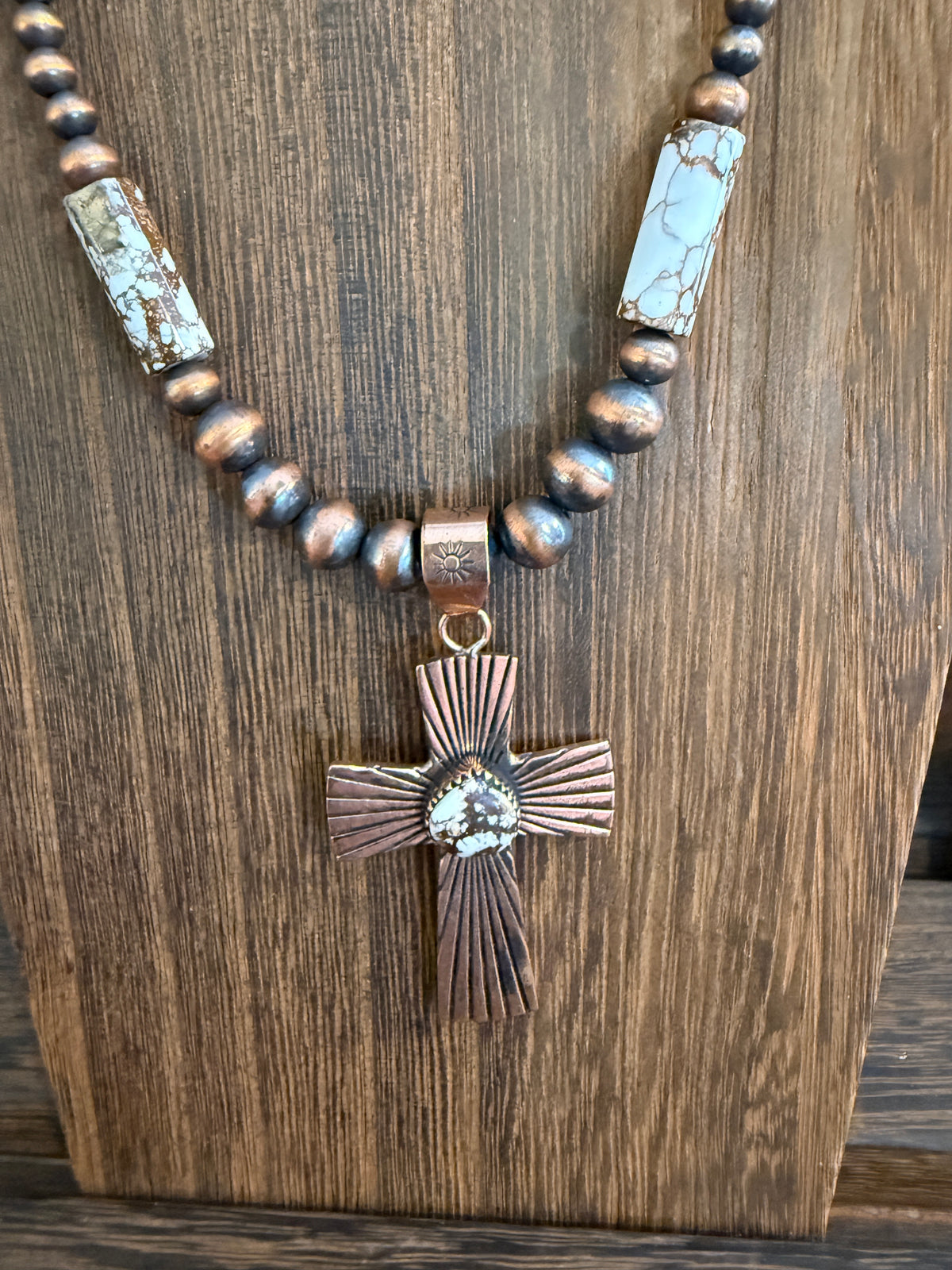Wild Horse Dahlia Genuine Copper 6mm Beaded Pendant Necklace with Cross